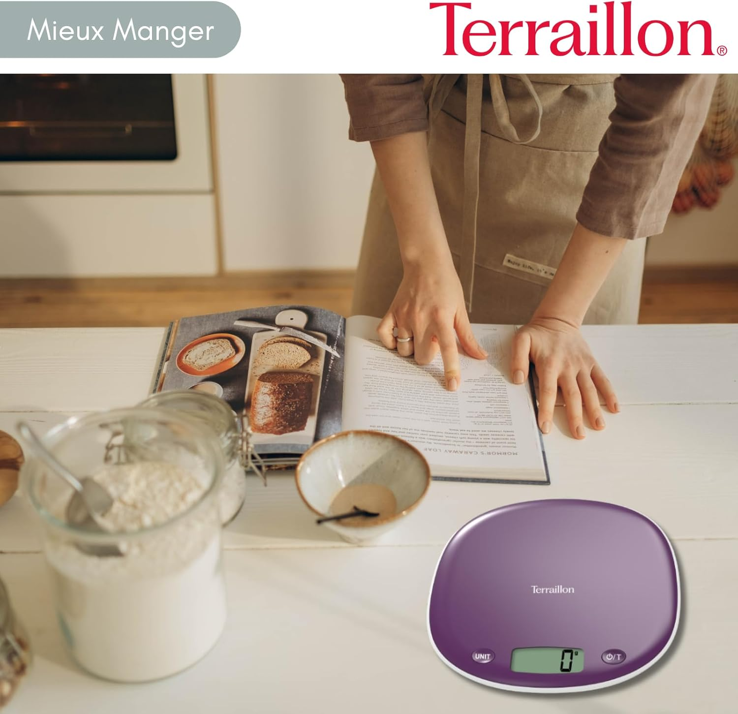 TERRAILLON Electronic Kitchen Scales - Tare Liquid Conversion, Integrated Handle, Weighing Range 5Kg, Accuracy 1G - Model 'Macaron INOX' Plum image number 2
