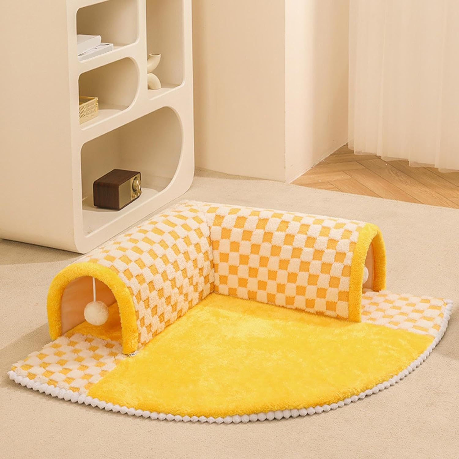 Fluffy Cat Bed with Tunnel | Interactive Pet Cave | Yellow Cat Bed Tunnel, Fluffy Square Tunnel, Cat Tunnel Bed for Indoor Cats, 2 in 1 Foldable Indoor Soft round Cat Tunnel Bed image number 2
