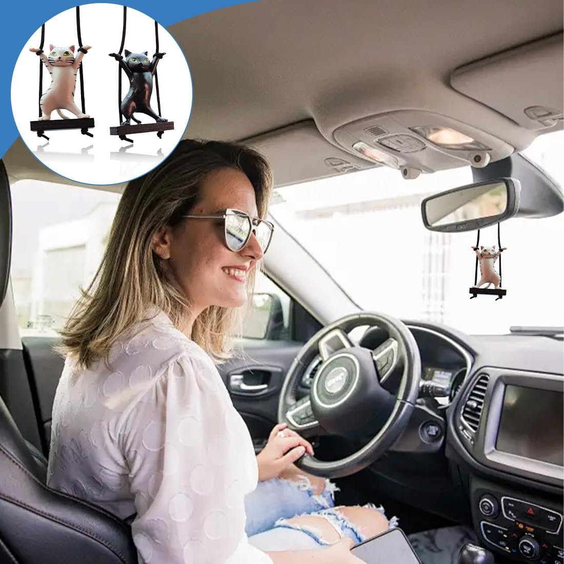 Swing Cat Car Interior Decoration, Pack of 2 Car Accessories for Hanging, Car Mirror Hanging, Bobble Head Figure, Car Decoration, for Car Mirrors, for Men and Women, Black, Grey image number 6