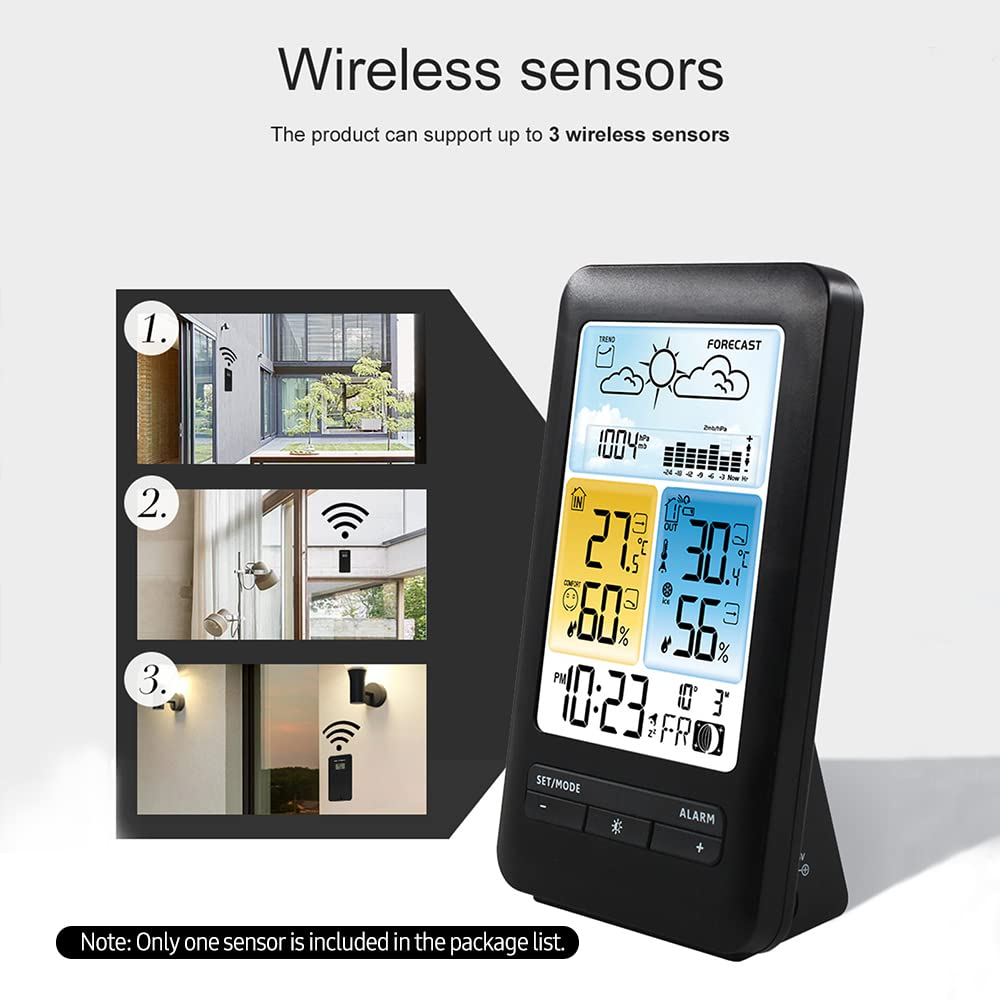 LCD Weather Station Alarm Clock with Snooze Digital Indoor Outdoor Temperature Humidity Monitor Thermohygrometer with Backlight/Date/Week/Moon Phase/Comfort Level/Alarm Function for HOM GTRH image number 5