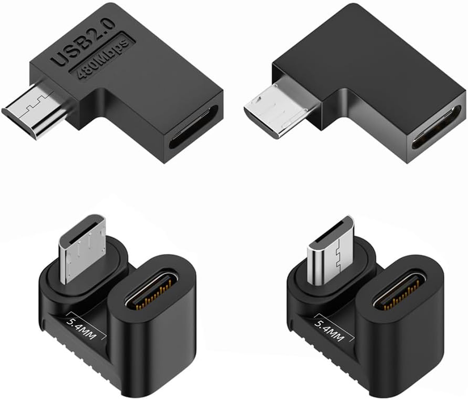 Xiwai 90/360 Degree Angled USB-C to Micro USB Adapter 4 Pack, USB2.0 Type C Female to Micro USB Male Power Data Adapter(Right & Left &Up & Down) for Phone Tablet image number 1