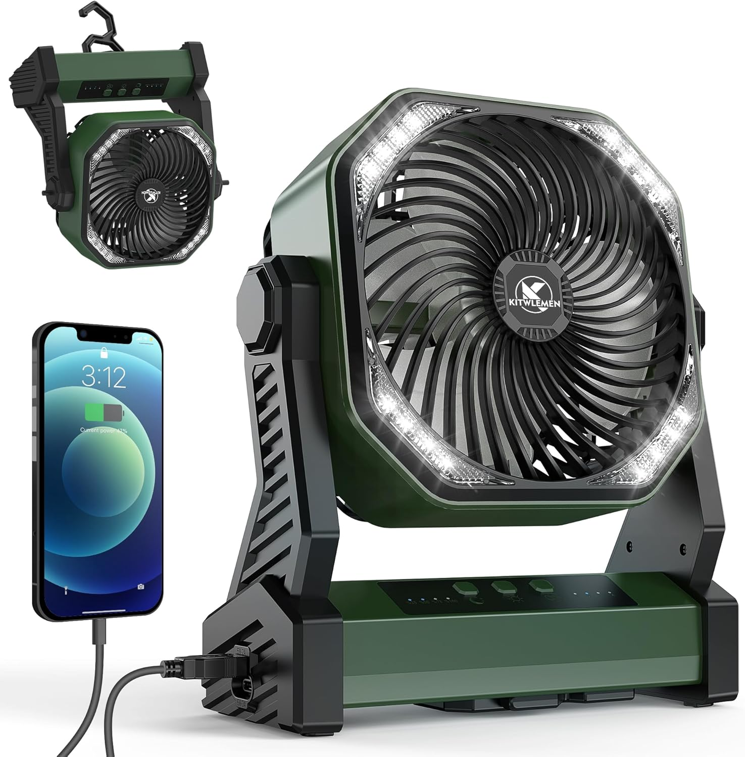 Camping Fan with LED Lantern, 20000Mah Rechargeable Battery Operated Outdoor Tent Fan with Light & Hook, 270&deg; Pivot, 4 Speeds, USB Desk Fan for Camping, Fishing, Power Outage, Hurricane, Jobsite&hellip;