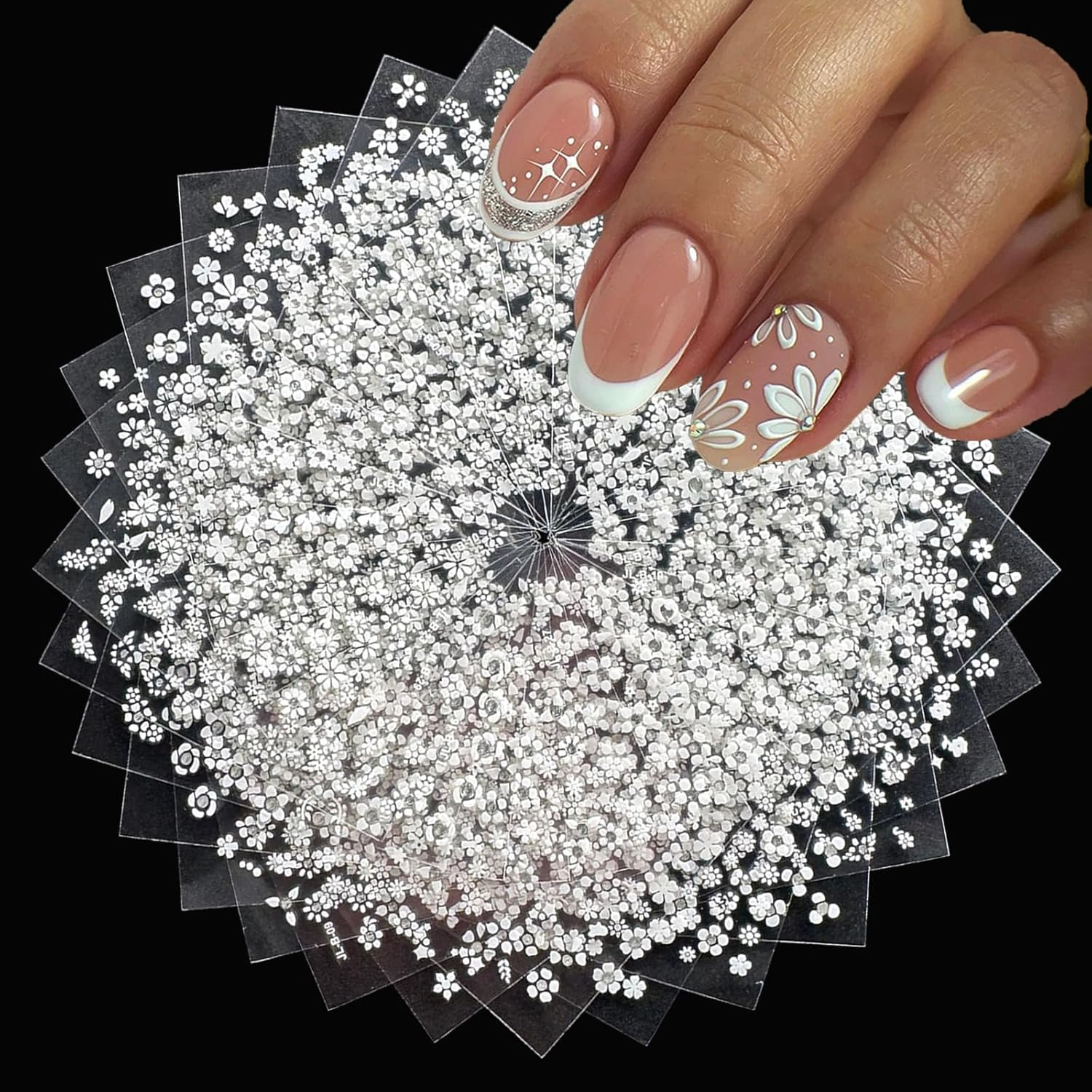 30 Sheets White Flower Nail Art Stickers with Rhinestones, 3D Nail Decals Self Adhesive for Nails Decorations for Women Girl image number 3