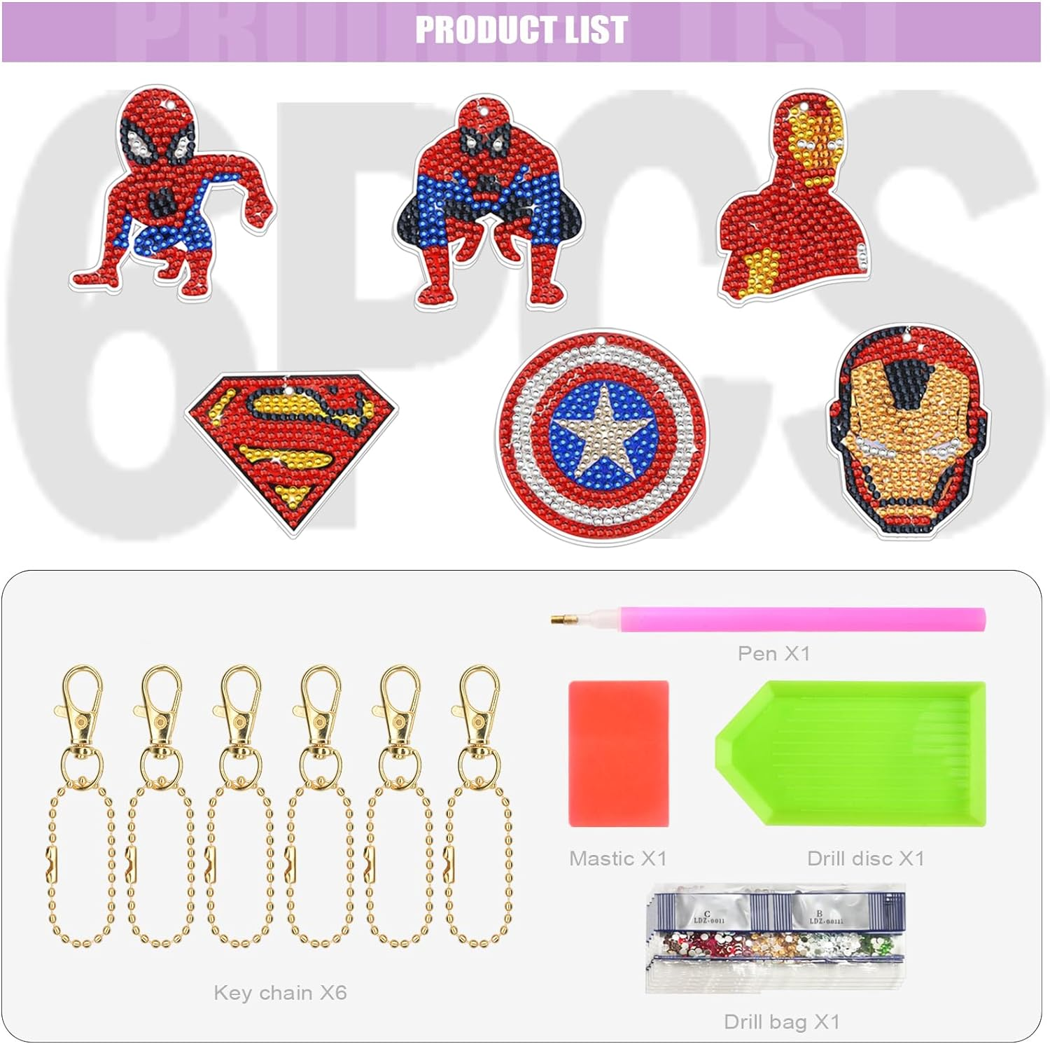 MATHARAGO Diamond Art for Kids 6 Pcs DIY Diamond Painting Cartoon Keyrings Set, Painting by Number Gem Keychains Craft Kits for Kids Ages 6-12, Gifts for Birthday, Back to School - 24-Marvel image number 3