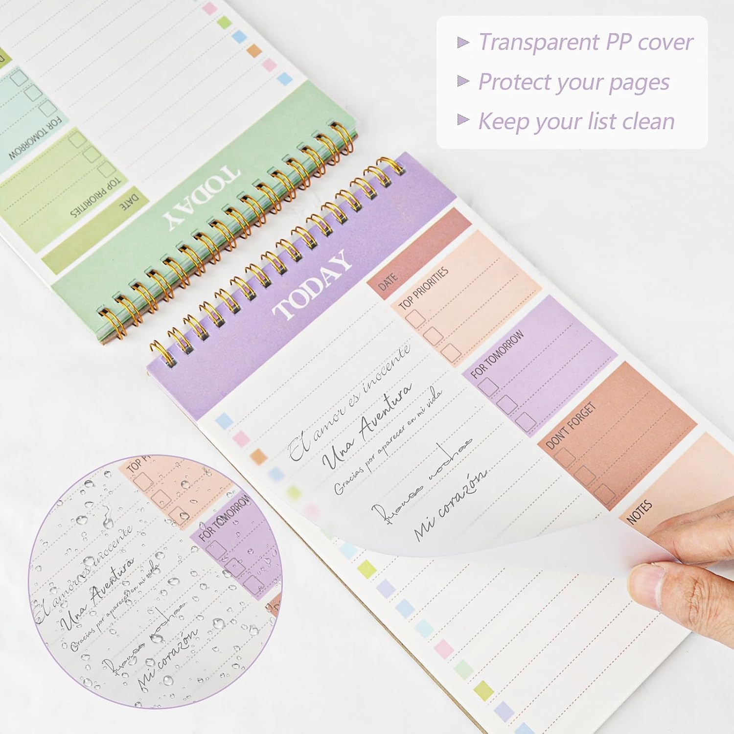Daily Planner Notepad,Nedlon 2 Packs to Do List Notepad,104 Pages A5 Undated Daily Planner with Task Checklist,Spiral Binding,120Gsm Paper,Transparent Cover for Home,Office,School Supplies,Green&Purple image number 3