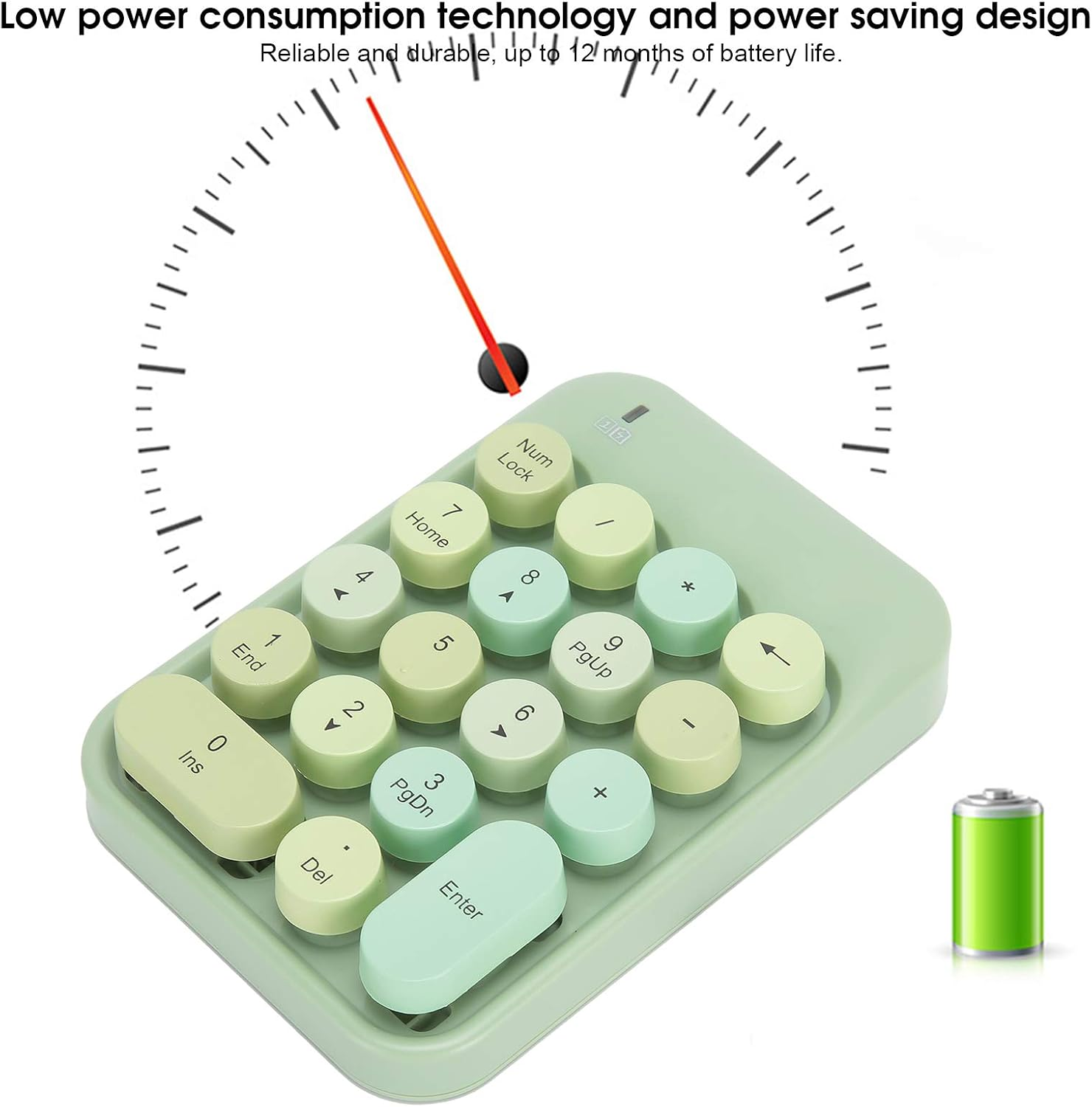 Wireless Numeric Keyboard, 18 Keys Chocolate round Keycap Retro Typewrite Numeric Keyboard 2.4Ghz Portable Silent Number Keyboard with USB Receiver for Laptop, Notebook, Mac (Fantasy Green) - Fantasy Green image number 4