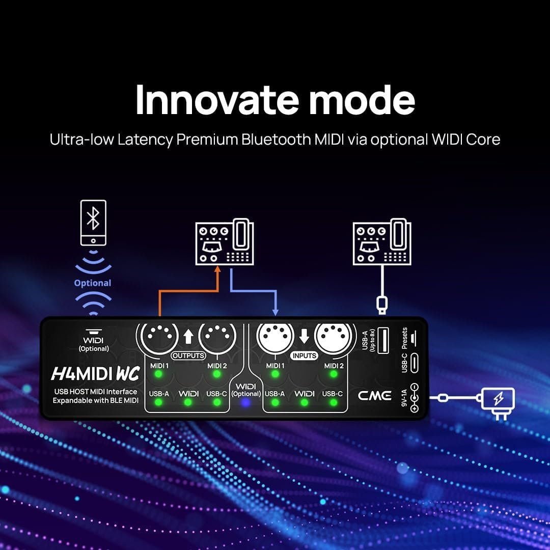 CME H4MIDI WC &ndash; Advanced USB Host MIDI Interface with Router, Filter, Mapper, Optional WIDI Bluetooth MIDI, Standalone 9V Power Mode - Perfect for Guitarists and Producers image number 5
