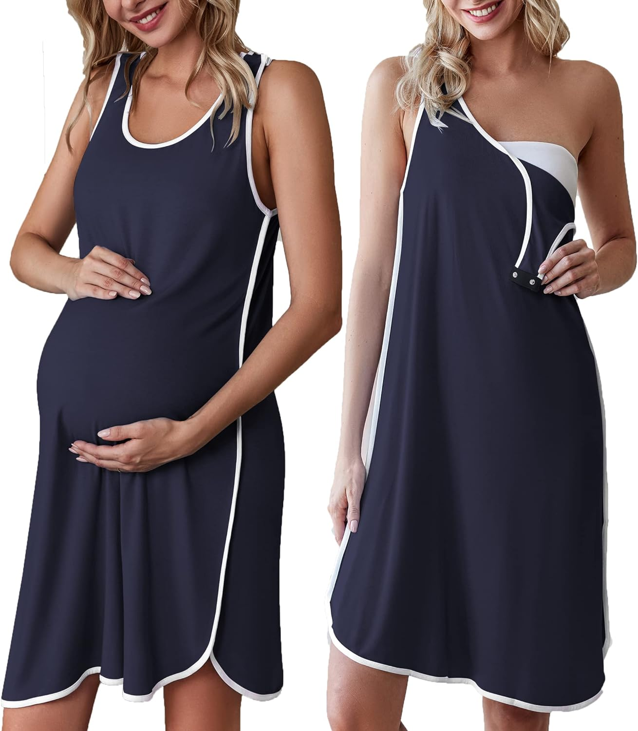 Ekouaer Labor and Delivery Gown for Hospital 3 in 1 Nursing Dress Sleeveless Maternity Snap Button Breastfeeding Nightgown Navy Blue XL, Navy image number 1