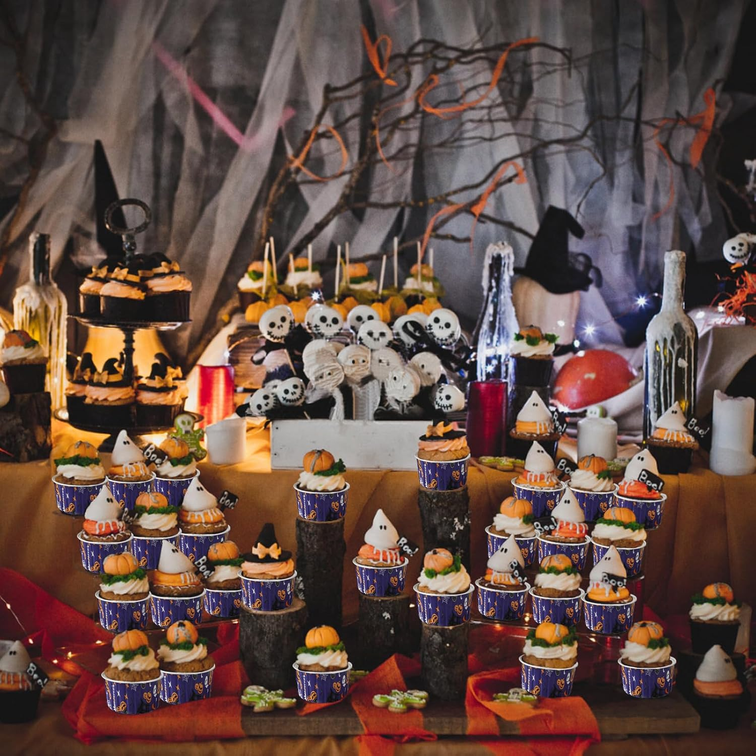 100 Pcs 5 Oz Halloween Baking Cups Mini Cupcake Liners with Lids Disposable Ramekins Pie Pans Cake Tins Containers for Halloween, Party, Wedding (Purple) image number 2