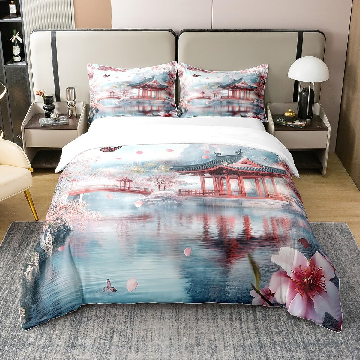 100% Cotton Koi Fish Bed Linen Set 155 X 220 Cm Japanese Style Ukiyo-E Comforter Cover Ocean Waves Floral Duvet Cover Japanese Red Sun Bedspread for Women Men Adults