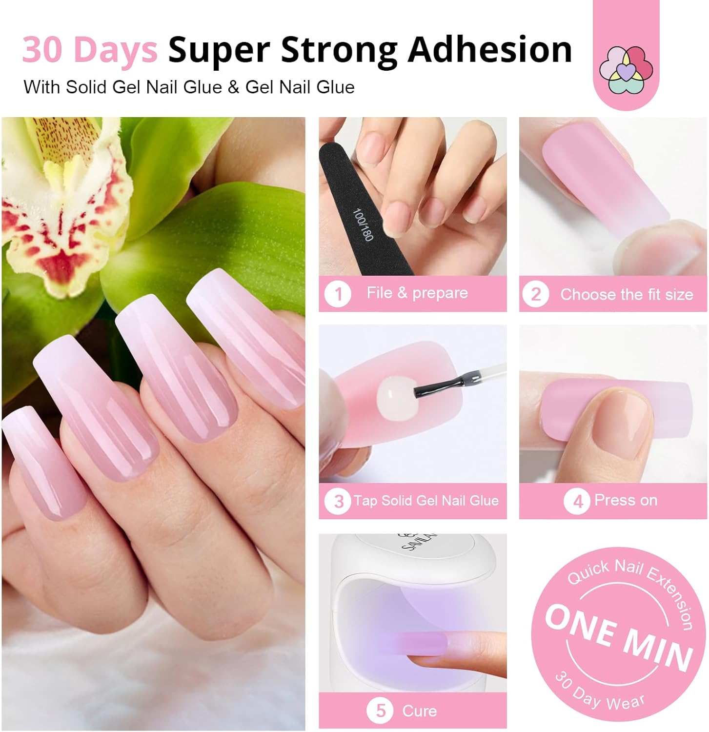 SAVILAND Nail Tips Kit with U V Light: 4X Soft Gel X Nails Long Square White Pink Ombre 256 Pcs Full Cover Gel Nail Tips VE & Castor Oil Gel Nail Glue Portable LED Lamp Nail Drill Kit Home Manicure image number 3