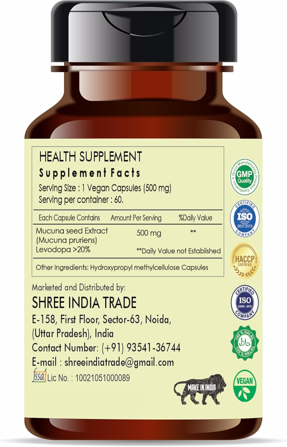 Kaunch Beej Extract 500Mg - 60 Vegetarian Capsules | Mucuna Pruriens | All Natural | 100% Vegan | Gluten-Free | GMP Certified. image number 2