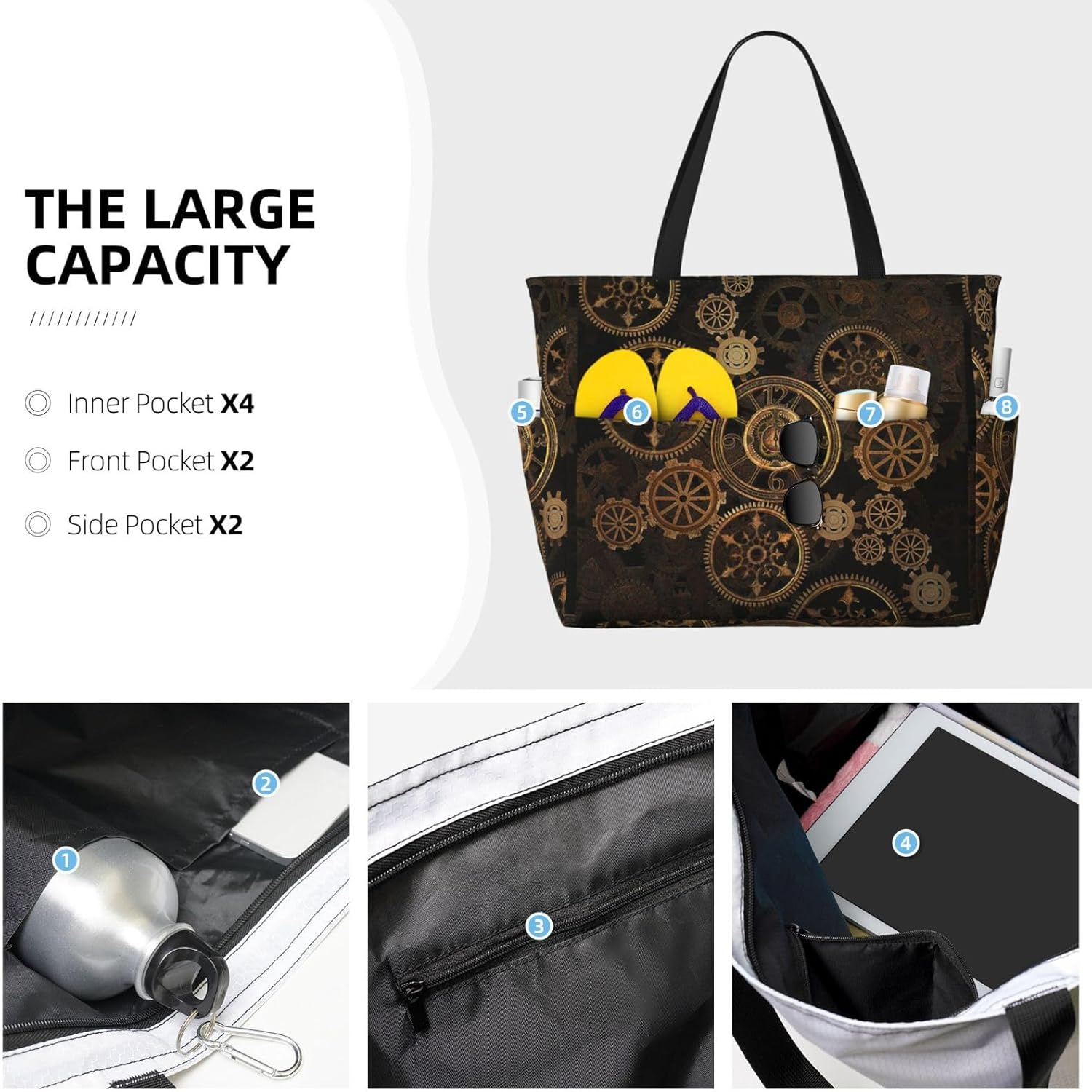 SKKNT Gears Clock Bronze Century Print Large Capacity Tote Bags Waterproof Sandproof Beach Gym Travel Vacation Picnic, Black, One Size image number 1