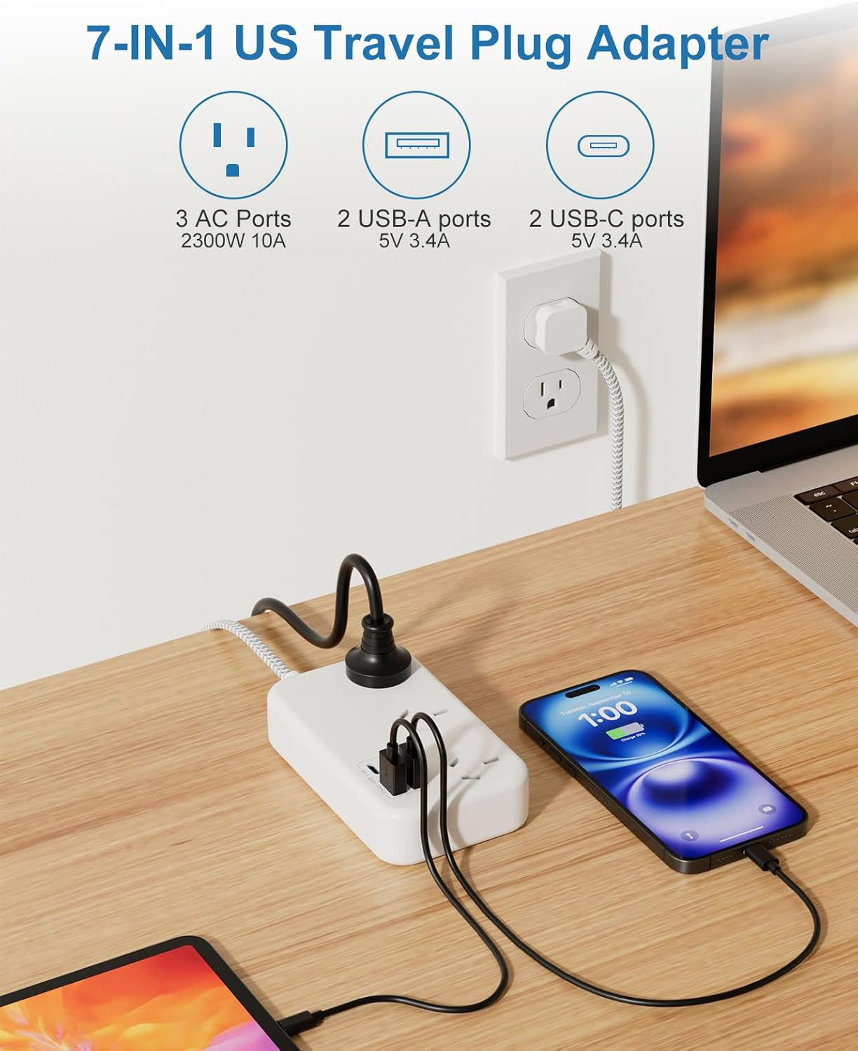 US Travel Adapter, AU to USA Plug Adapter with 3 Outlets 4 USB Ports (2 USB-C) Total Output 17W, Type B Outlet Converter for AU to America, Canada, Mexico image number 3