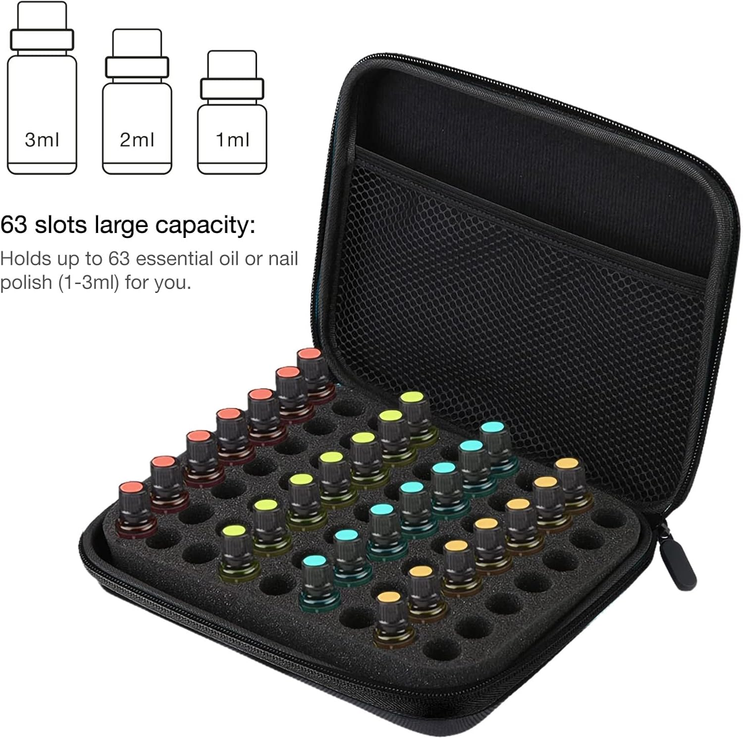 TREETDOBV 63 Slots Essential Oil Storage,Portable Aromatherapy Essential Oil Travel Protect Storage Bag Case Box Organizer for 1Ml, 2Ml, 3Ml Bottles Travel Storage Organizer Bag (Black) image number 4