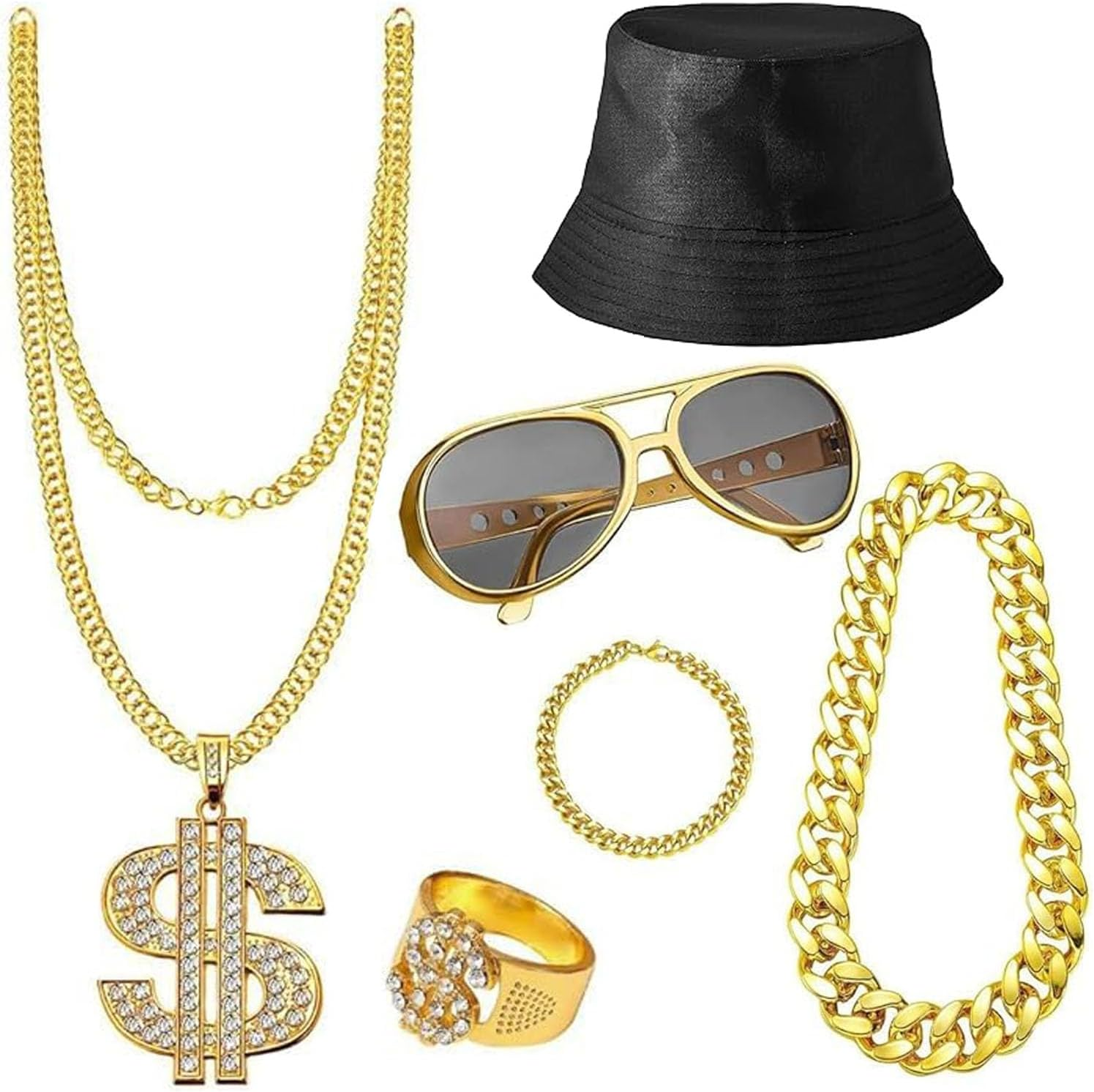 6 Pcs Hip Hop Costume Outfit Jewelry Set, 80S 90S Halloween Pyhot Hip Hop Costume Hip Hop Theme Outfit Costumes Rapper Accessories for Men Women image number 6