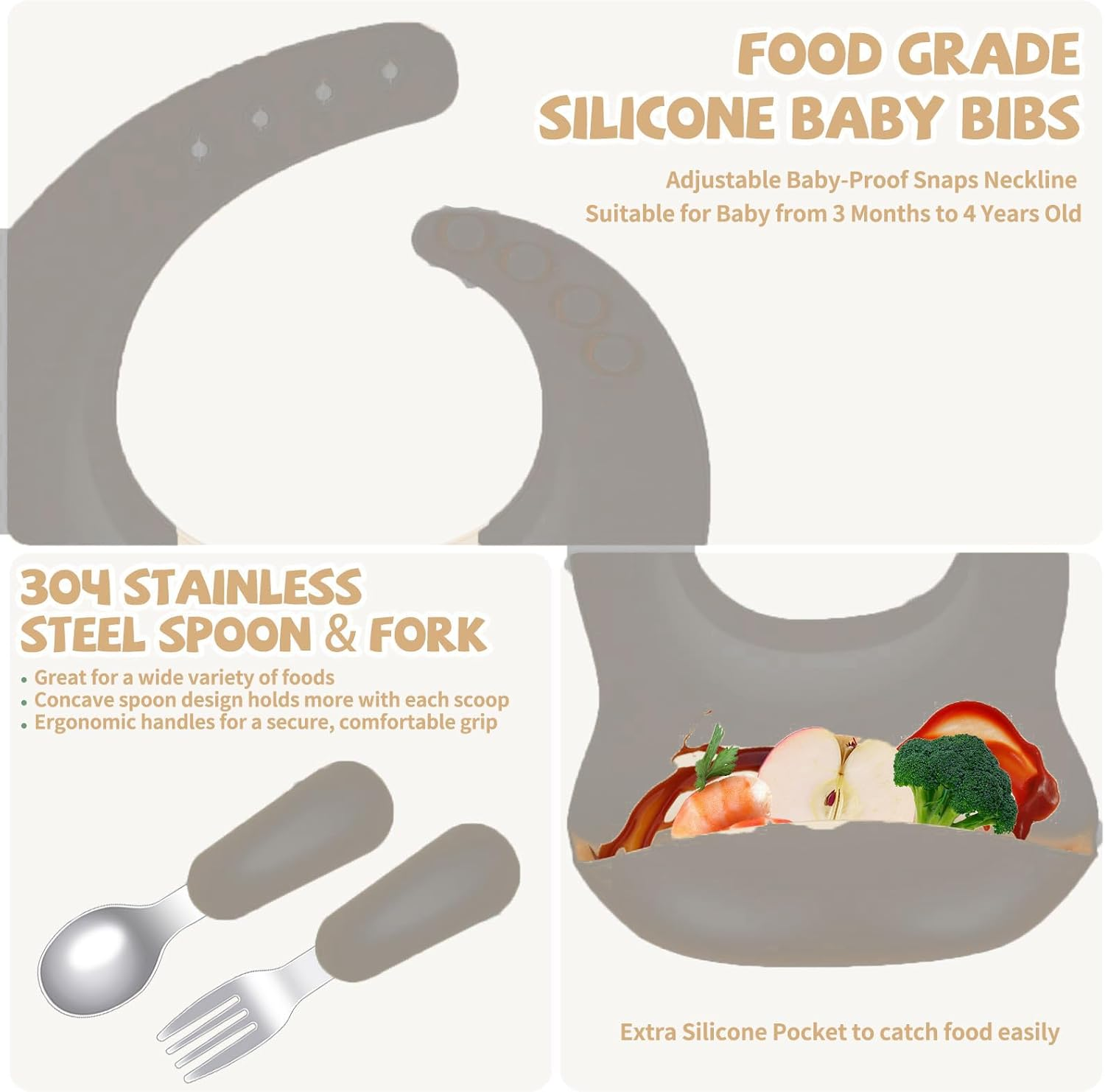 6 Pcs Stainless Steel Kids Plates and Bowls Set with Suction, Contain Deep-Divide Toddler Plates, Bowls, Cup, Utensils & Bib &ndash; Bpa-Free 304 Steel + Silicone Suction &ndash; Dishwasher Safe (Grey) ﻿ image number 1