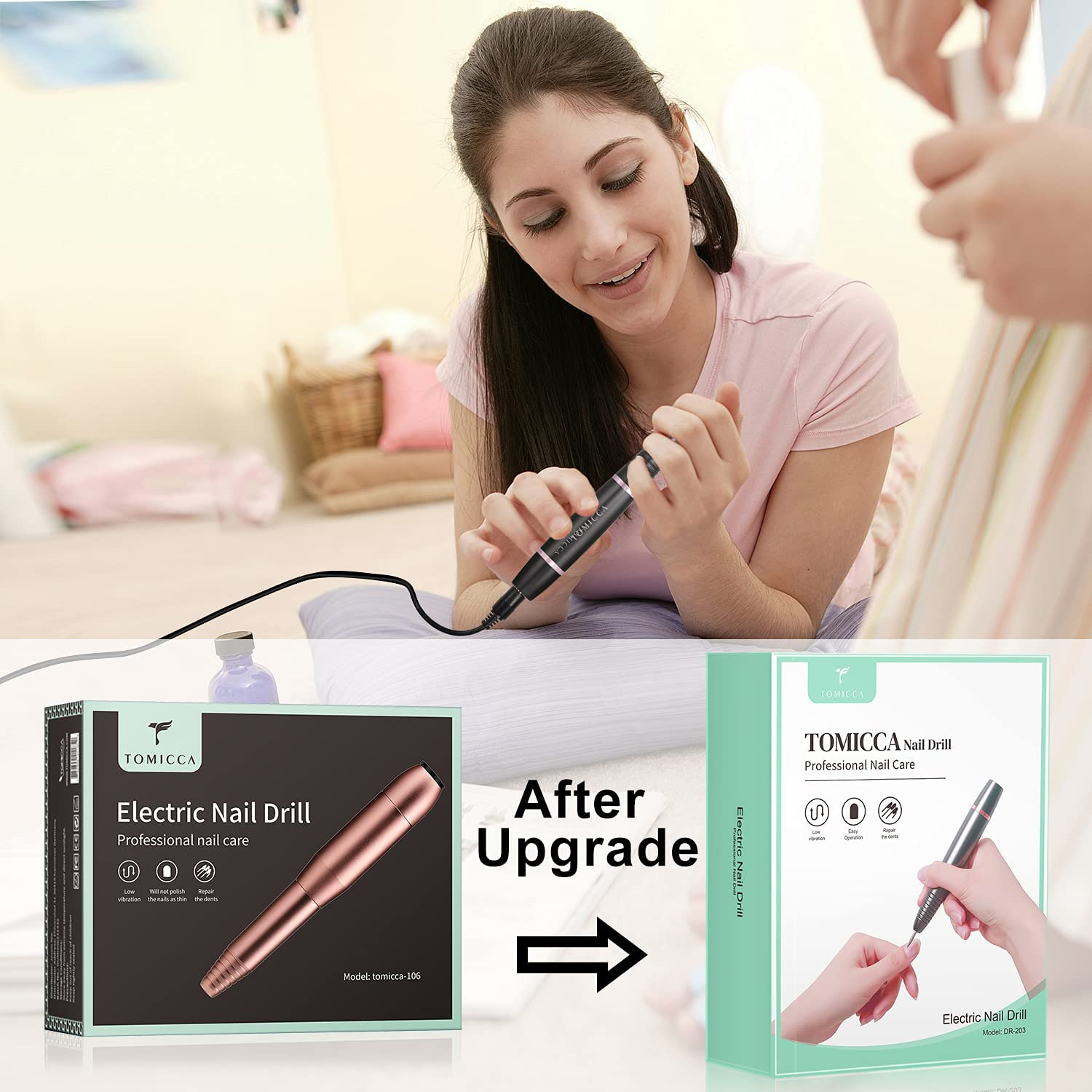 TOMICCA Professional Electric Nail Drill Kit, 20000 RPM USB Electric Nail File Machine with 12 Pcs Changeable Nail Drill Bits for Starter and Salon Use