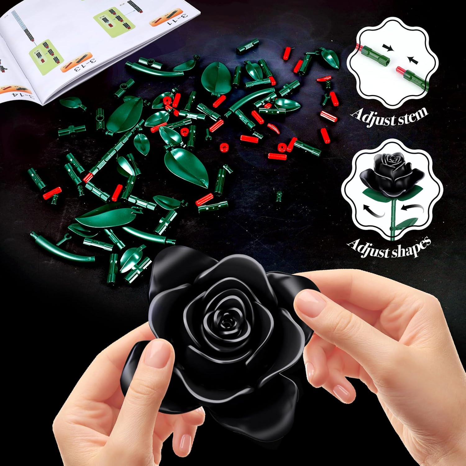 Bouquet Building Kit, 12 Artificial Black Roses Botanical Collection Building Block Educational Toy Gift for Girls Children Women Valentine'S Day Mother'S Day Halloween Christmas Gift, 634 Pieces