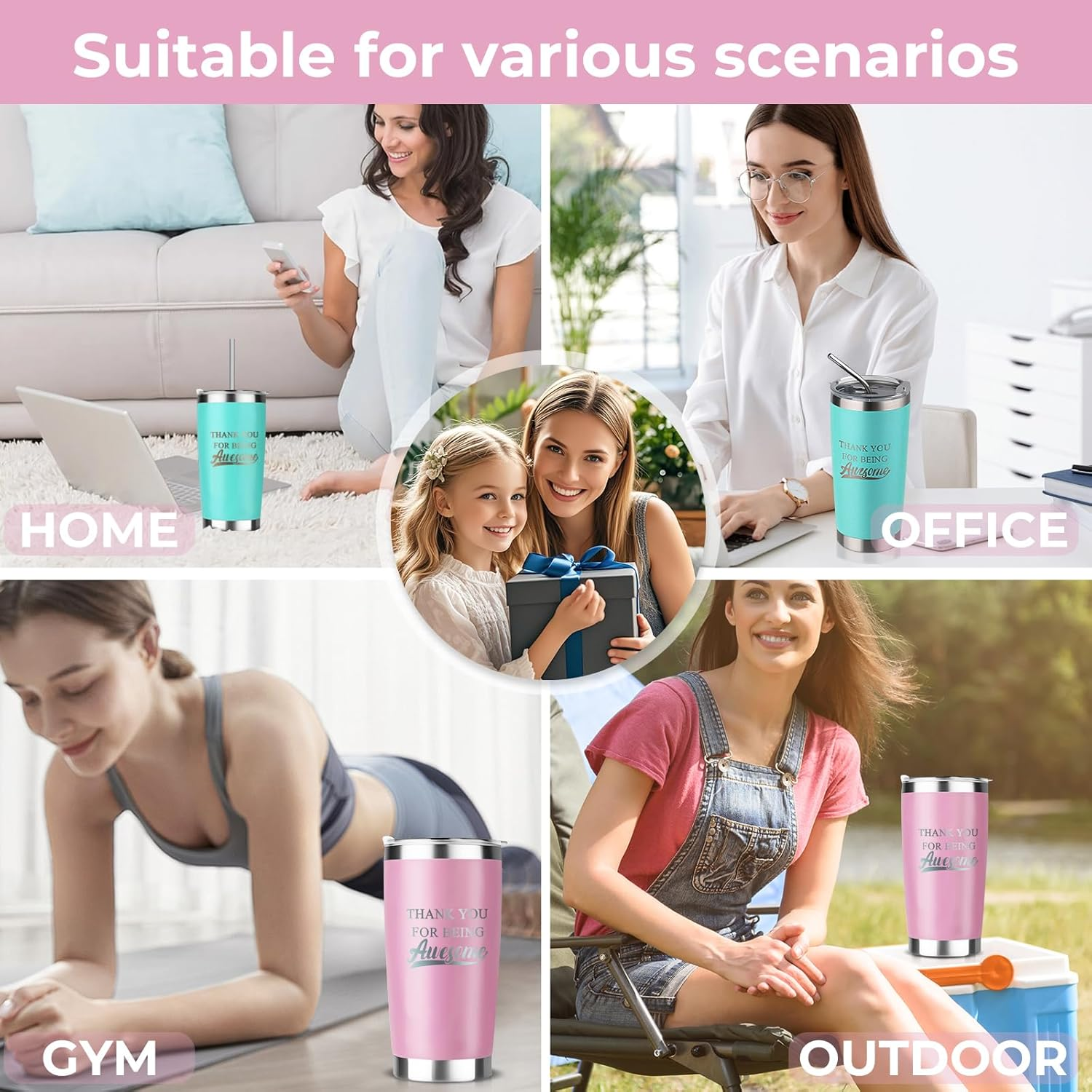 Women Thank You Gifts, Female Friends Appreciation Gift, Coworkers Colleagues Employee Manager Boss Lady Teacher Office Gifts, Leakproof Steel Insulated Tumbler with Lid and Straw | 20Oz (Pink) image number 1