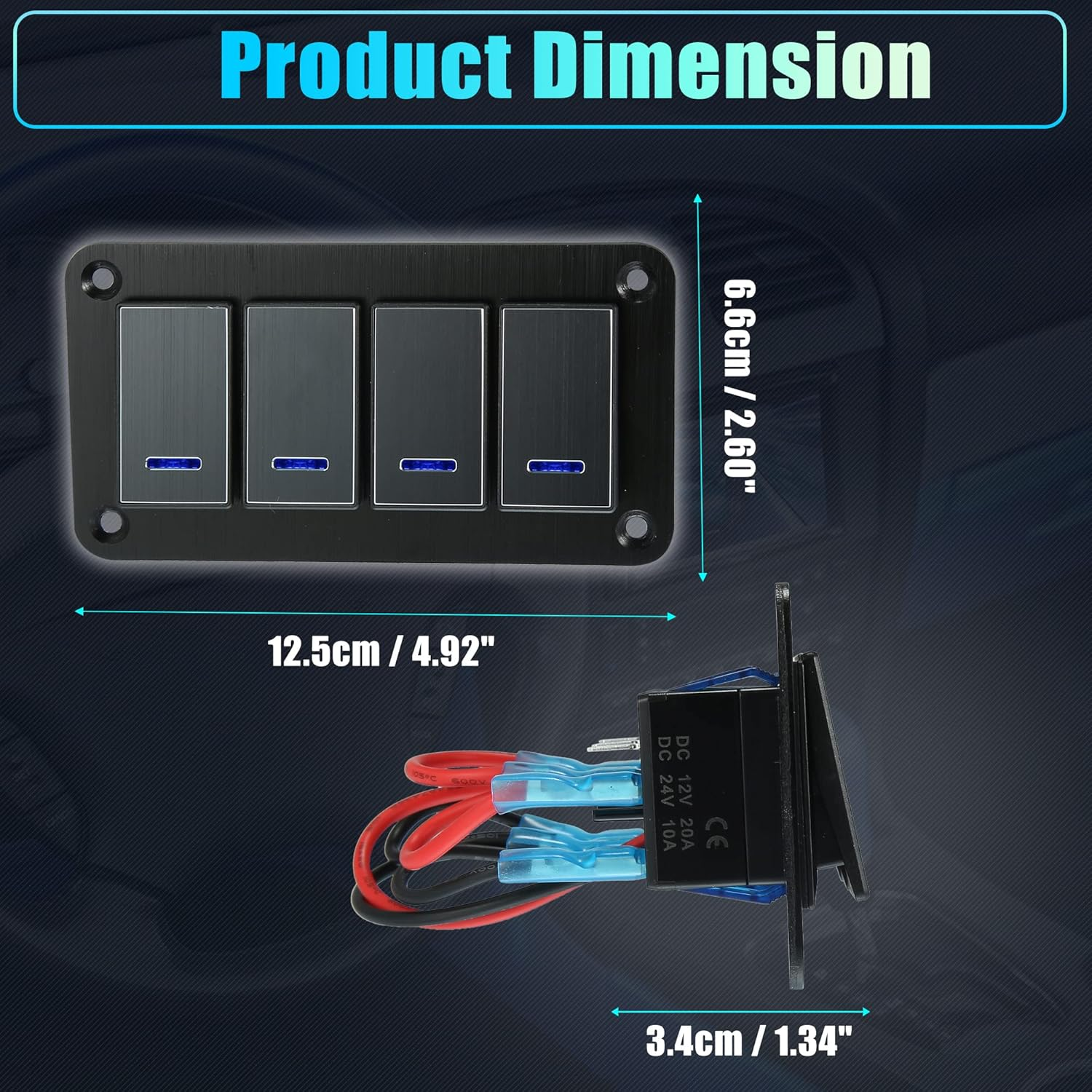 X AUTOHAUX 4 Gang Rocker Switch Panel 3 Pin on off Pre-Wired Toggle Switch Control Waterproof Aluminum Alloy Blue LED Light Push Button for 12V 24V Black image number 1