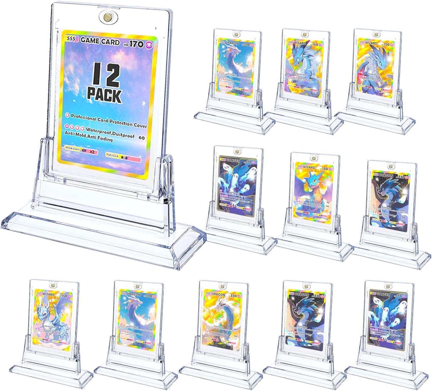 Cyperever 12 Pack Magnetic Card Holders for Trading Cards, 35Pt Acrylic Card Display Stand Hard Plastic Card Sleeves for Baseball Card Sports Cards, Game Cards, Standard Cards Storage and Display
