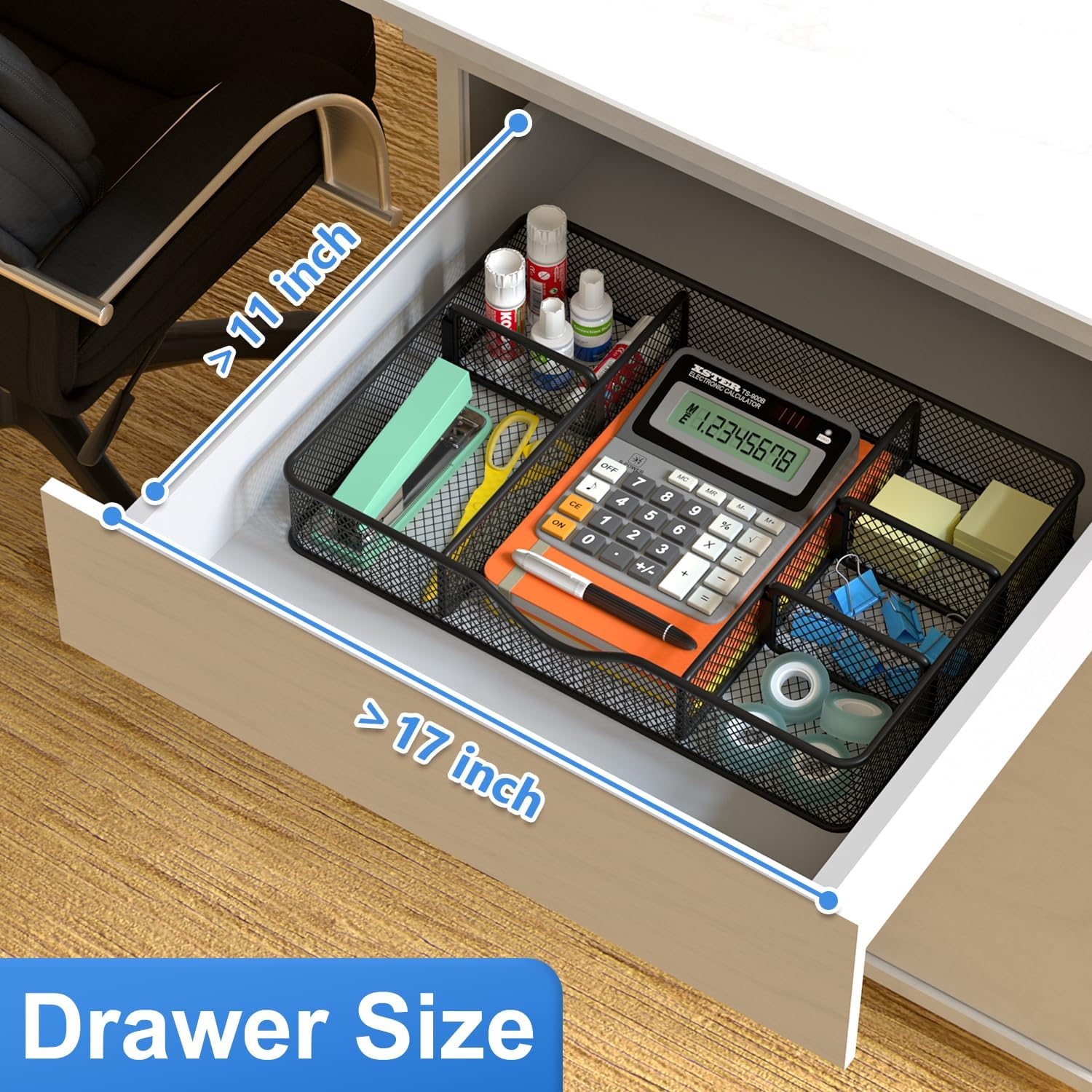 Vygrow Desk Drawer Organizer, Metal Mesh Drawer Organizer Tray with 6 Adjustable Compartment, Tray Organizer for Desktop, Kitchen, Bathroom, Makeup, Vanity - 14.5X8.8X1.96 Inch, Black, 1PC Large - Black image number 6