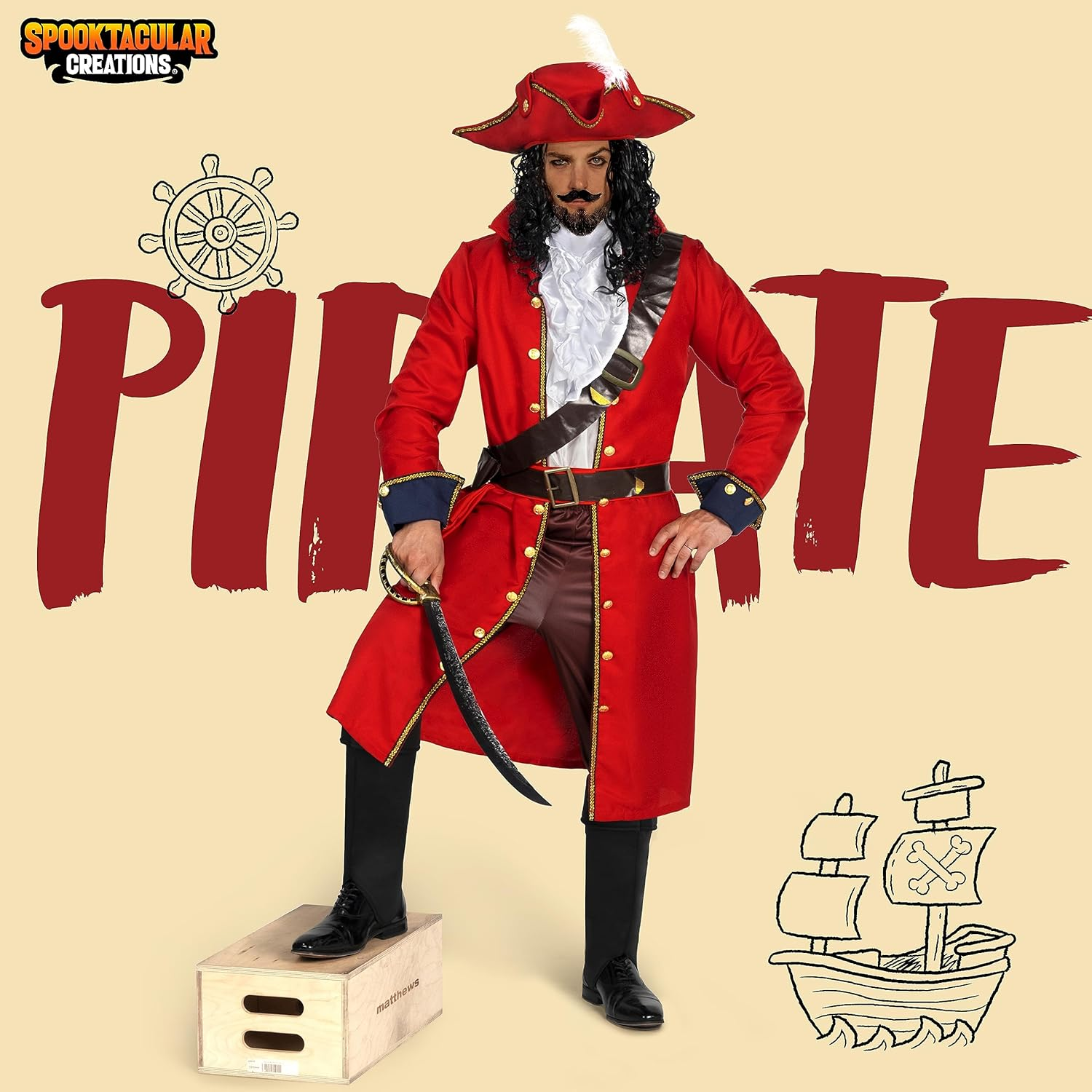 Spooktacular Creations Mens Pirate Captain Costume Set, Red Deluxe Captain Outfit for Adult Halloween Dress Up image number 6