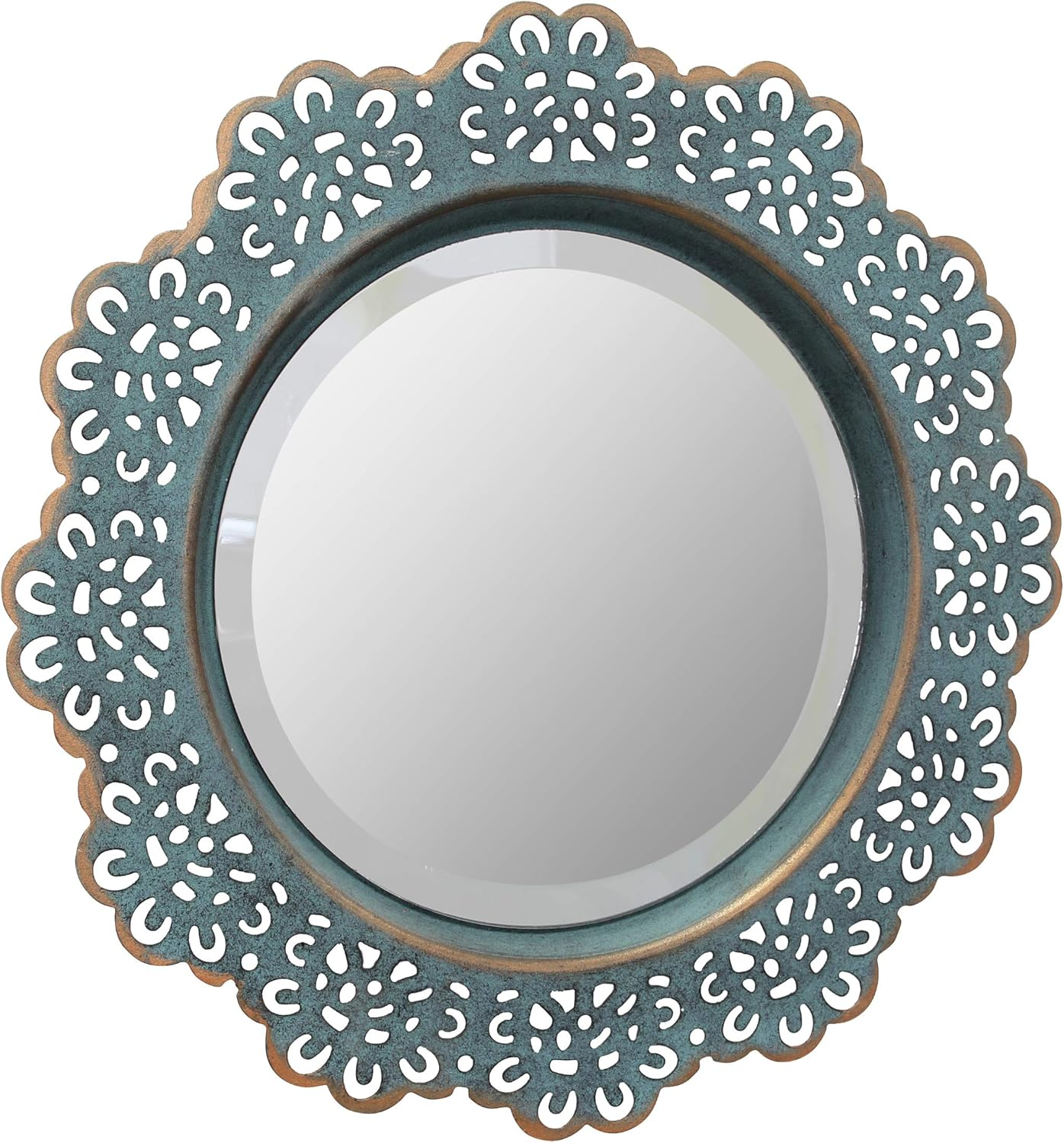 Stonebriar Decorative 12.5" round Turquoise Metal Lace Wall Mirror with Attached Hanger, Country Rustic Decor for the Living Room, Bedroom, Bathroom, Hallway, and Entryway image number 5