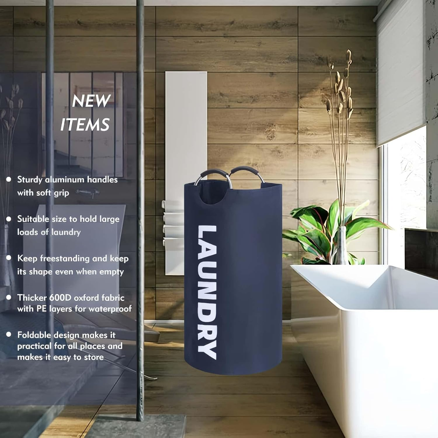 ARREBOL 90L Large Waterproof Laundry Basket & Bag, Collapsible Tall Freestanding Clothes Hamper with Aluminum Handles for College, Dorm, Family image number 4