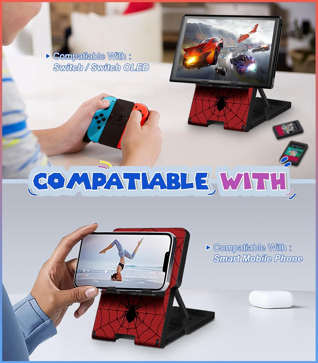 Lotadilo for Nintendo Switch Stand Holder Cute - for Nintendo Switch Holder Stand for OLED Boys Girls Teen Girly Design Cool Style Adjustable Portable Foldable Switch Accessories, Black Red image number 5