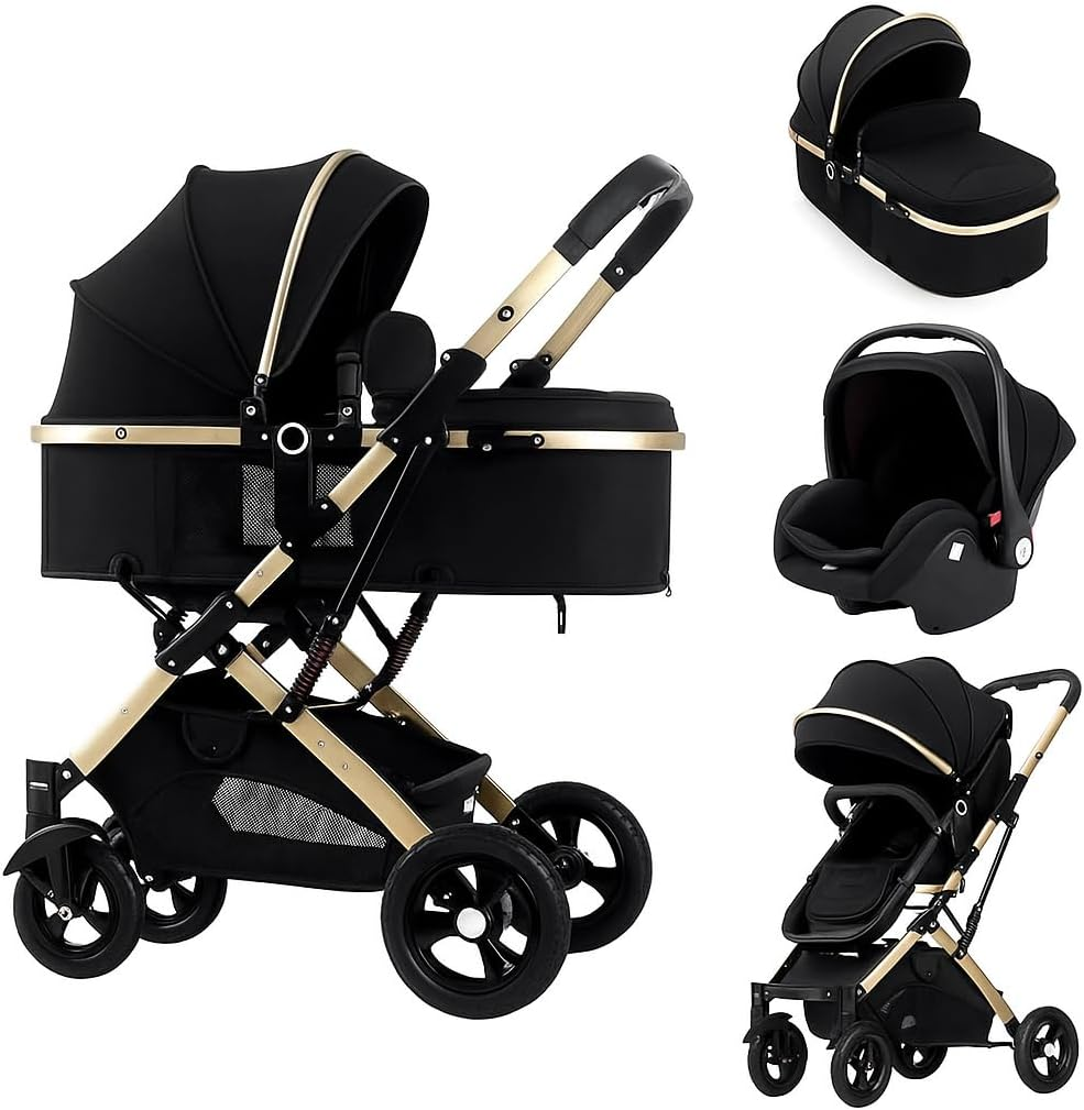 3 in 1 Baby Stroller & Bassinet Pram &ndash; Convertible Newborn Carriage with Reversible Seat, Adjustable Recline, Anti-Shock Wheels, 5-Point Harness, Large Storage Basket, Ideal Baby Pram for Infant & Toddler (Black)