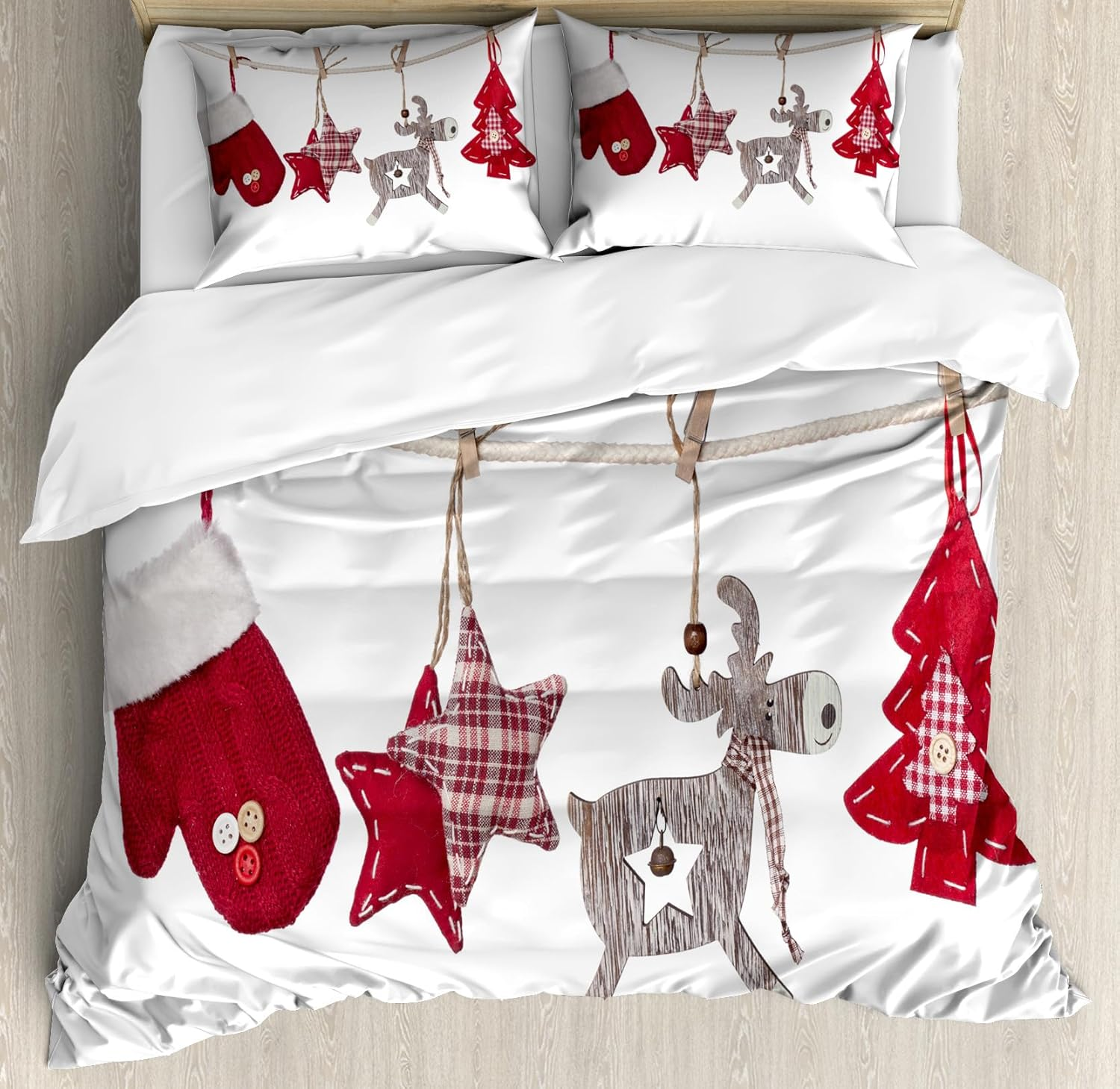 Ambesonne Christmas Duvet Cover Set, Traditional Xmas Celebration Items Hanging from Clothespins Retro, Decorative 3 Piece Bedding Set with 2 Pillow Shams, Queen Size, Red Cream Tan image number 5