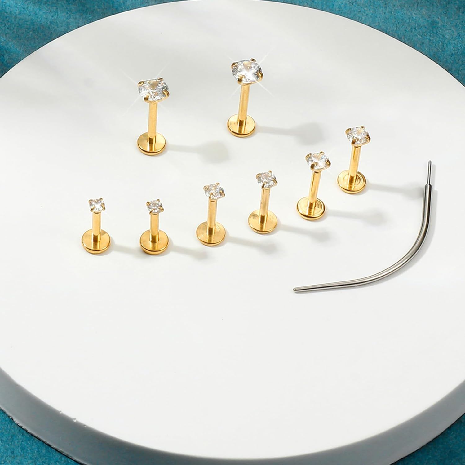 Kakonia 14K Gold Filled Threadless Nose Studs CZ Nose Rings for Women Men 316L Surgical Steel Labret Studs Lip Rings Push in Flat Back Stud Earrings CZ Nose Nostril Tragus Helix Piercing Jewelry 16G image number 2