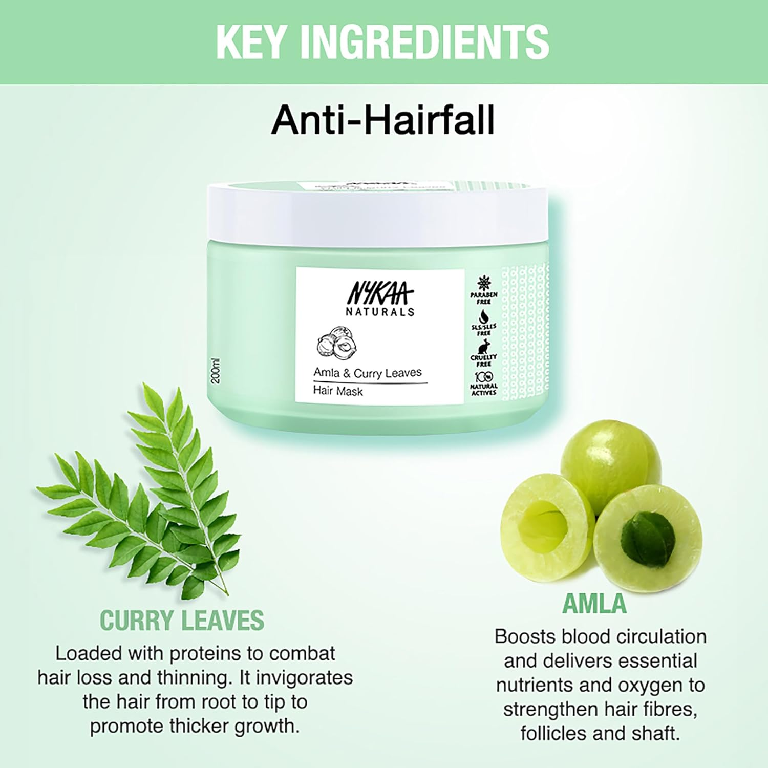 Nykaa Naturals Hair Mask-Anti-Hairfall, Strengthens Hair, Prevents Hair Loss and Thinning, Deep Nourishing-100% Natural Actives, for All Hair Types, Men and Women 200Ml (Amla & Curry Leaves) image number 3