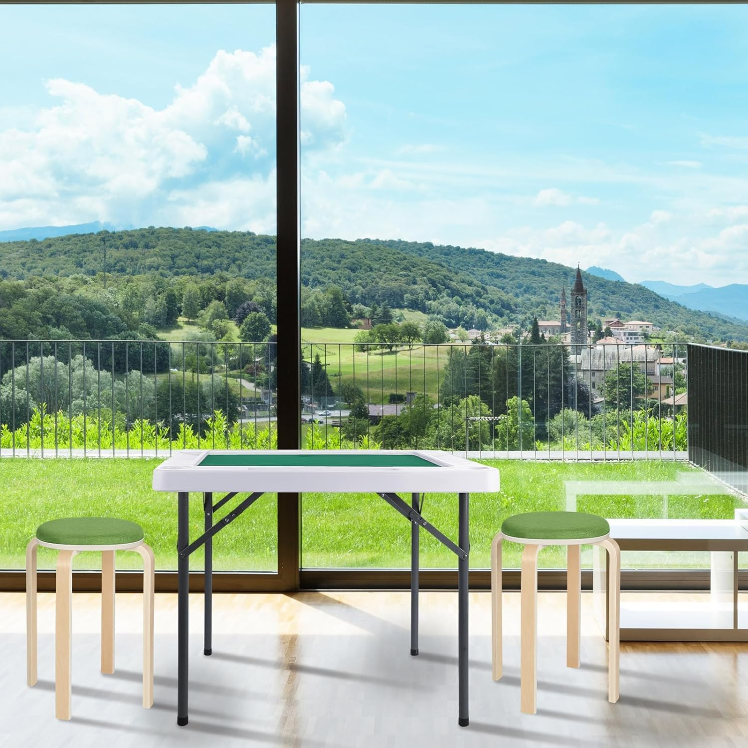 Folding Mahjong Game Table, 88Cm Foldable Mahjong Table Plastic and Metal Folding Square Table with Green Playing Surface and 4 Cup Holders for Mahjong Poker Domino Adults Games image number 1