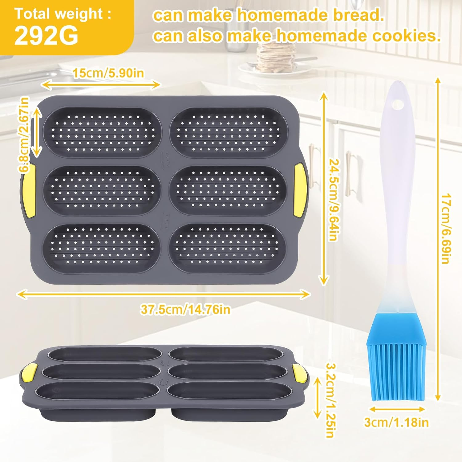 TOWEBOORY Silicone Bread Mold, Hot Dog Baking Molds with 6 Cavities and Oil Brush Non Stick Loaf Baking Pan Tray for Homemade Baking French Baguettes Hot Dog Buns (Gray) - Brown image number 4