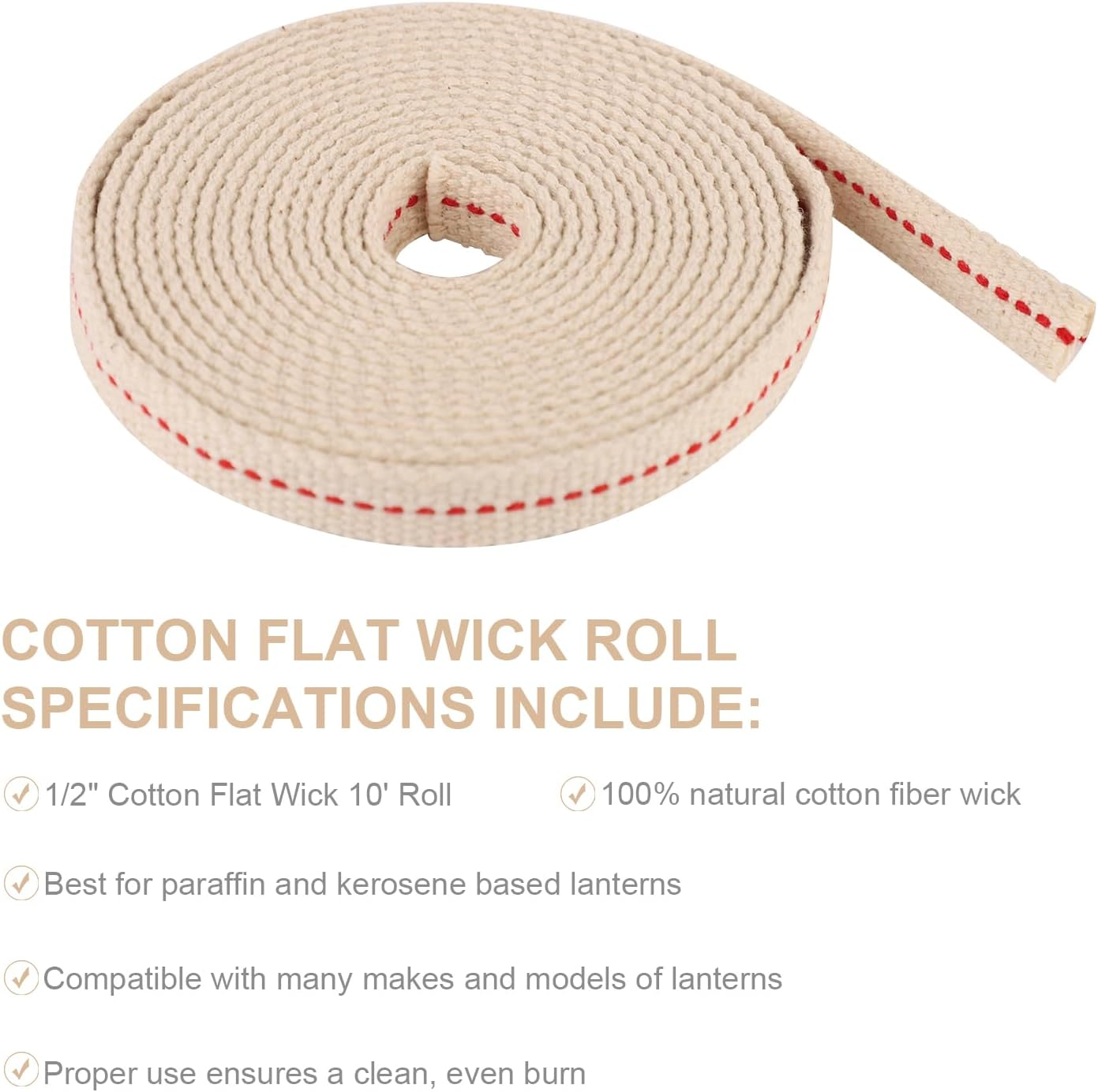 Oil Lamp Wicks, 1/2In Total Length 9.84Ft Cotton Flat Oil Lamp Wicks Cotton Flat Wick for Paraffin Oil Wicks for Oil Lamps with Red Stitch for Kerosene Paraffin Lamp(White) image number 3