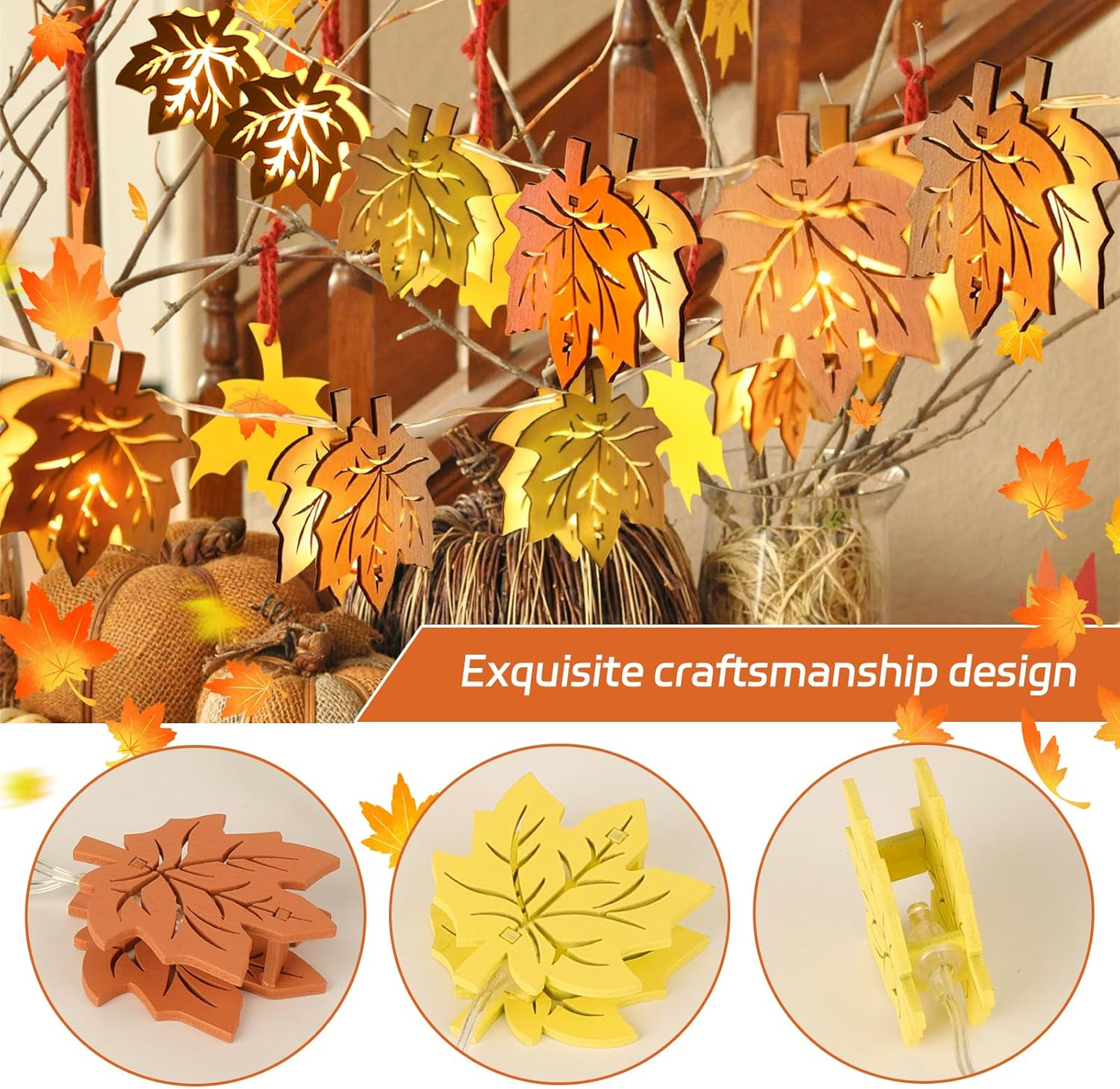 Ydseozoa 1.5 M Autumn Decoration Fairy Lights, Wooden Maple Leaves Fairy Lights, 10 Leds, Artificial Maple Leaf Autumn Hanging Garland for Halloween Thanksgiving and Christmas Decoration