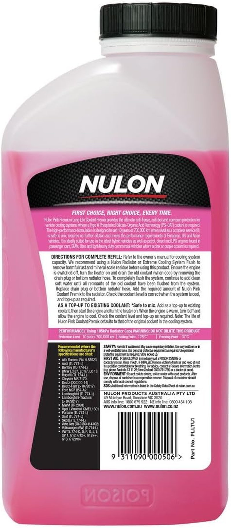Nulon Pink Premium Long Life Coolant Premix 1L PLLTU1