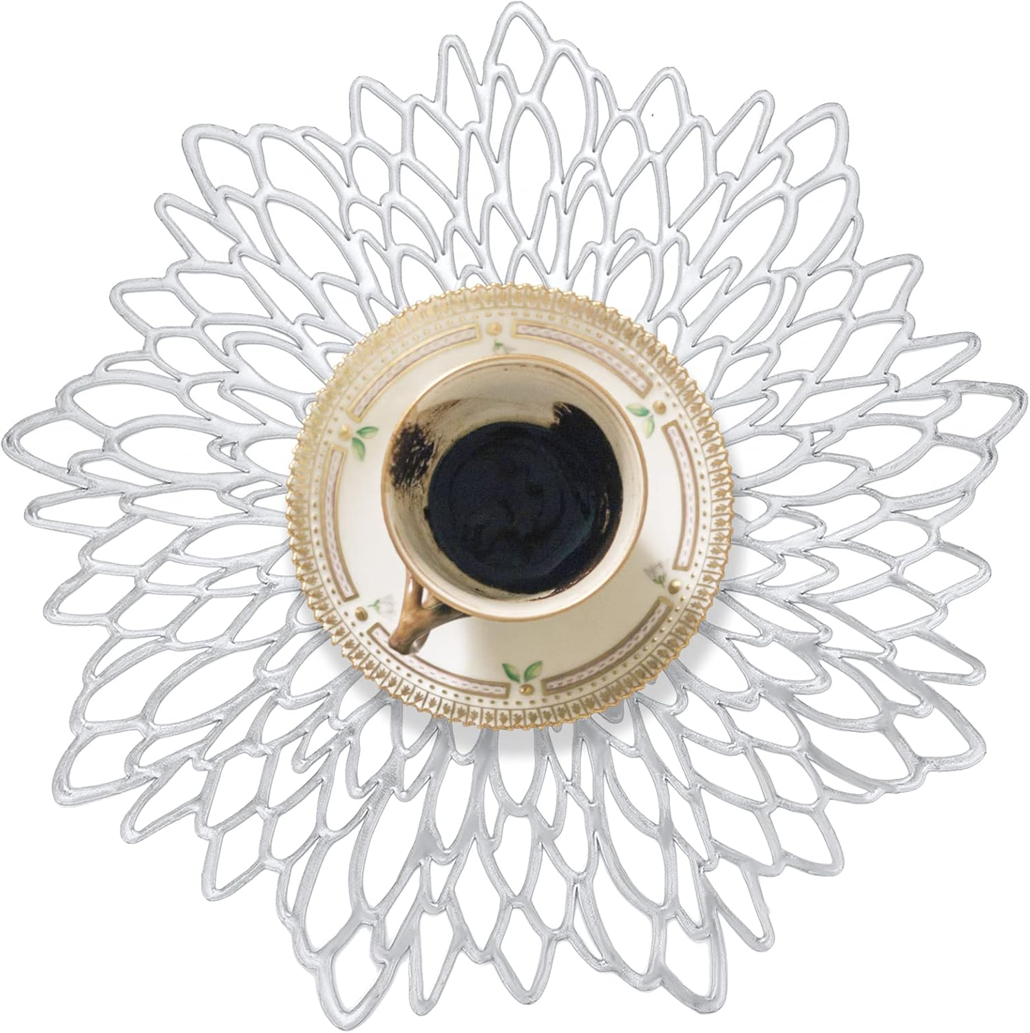 Neween round Placemats Set of 4, 38 Cm Washable Heat Resistant round Table Mats, Hollow-Out PVC Place Mats for Dining/Kitchen Table, Restaurant, Party, Wedding (Silver)