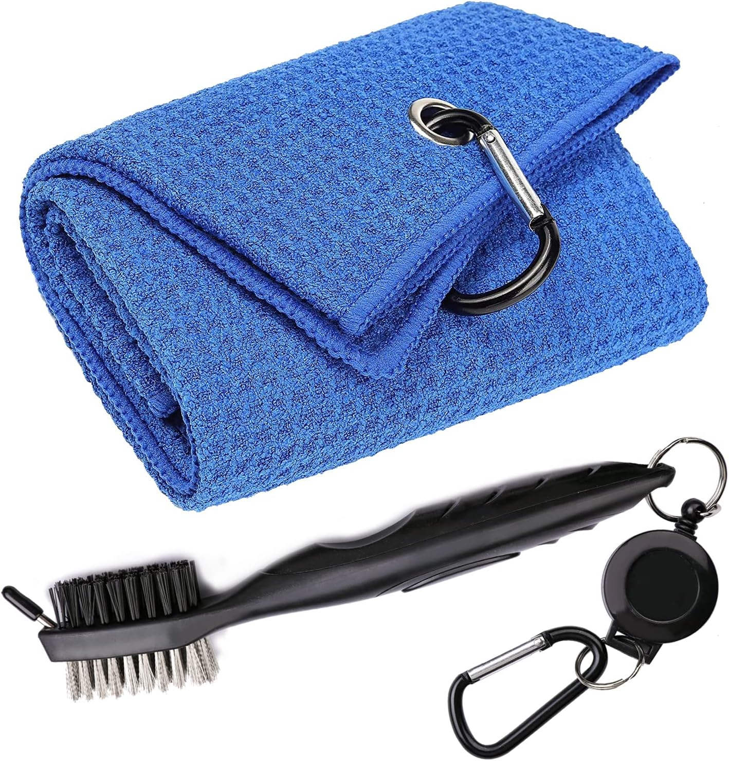 Golf Towels, Microfiber Waffle Pattern Tri-Fold Golf Towel - Brush Tool Kit with Club Groove Cleaner, with Clip Men Women Golf Gifts (Orange Towel+Black Brush)