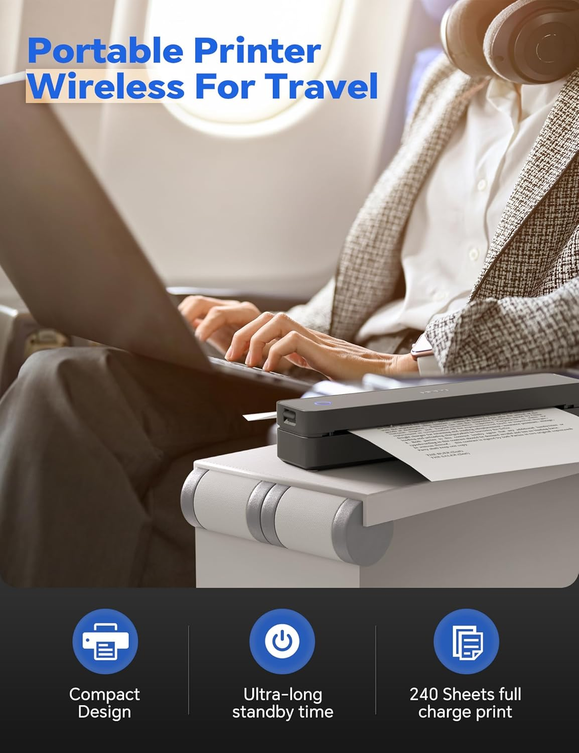 Portable Thermal Printer for Travel - 300DPI Mobile Inkless Printers, Wireless Small Printer for Home Use, Office, Vehicles, Bluetooth Printers Supports 8.5" X 11" US Letter & A4 & A5 Size, Black image number 2