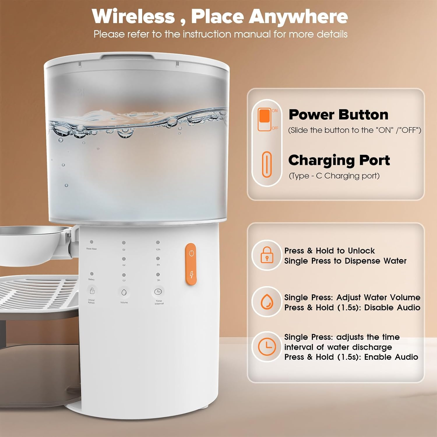 Advwin Smart Wireless Pet Fountain 3.5L, No Filter Needed, Wastewater Separation Fresh Water, with Stainless Steel Bowl, Automatic Water Dispenser for Cats and Small Dogs image number 4