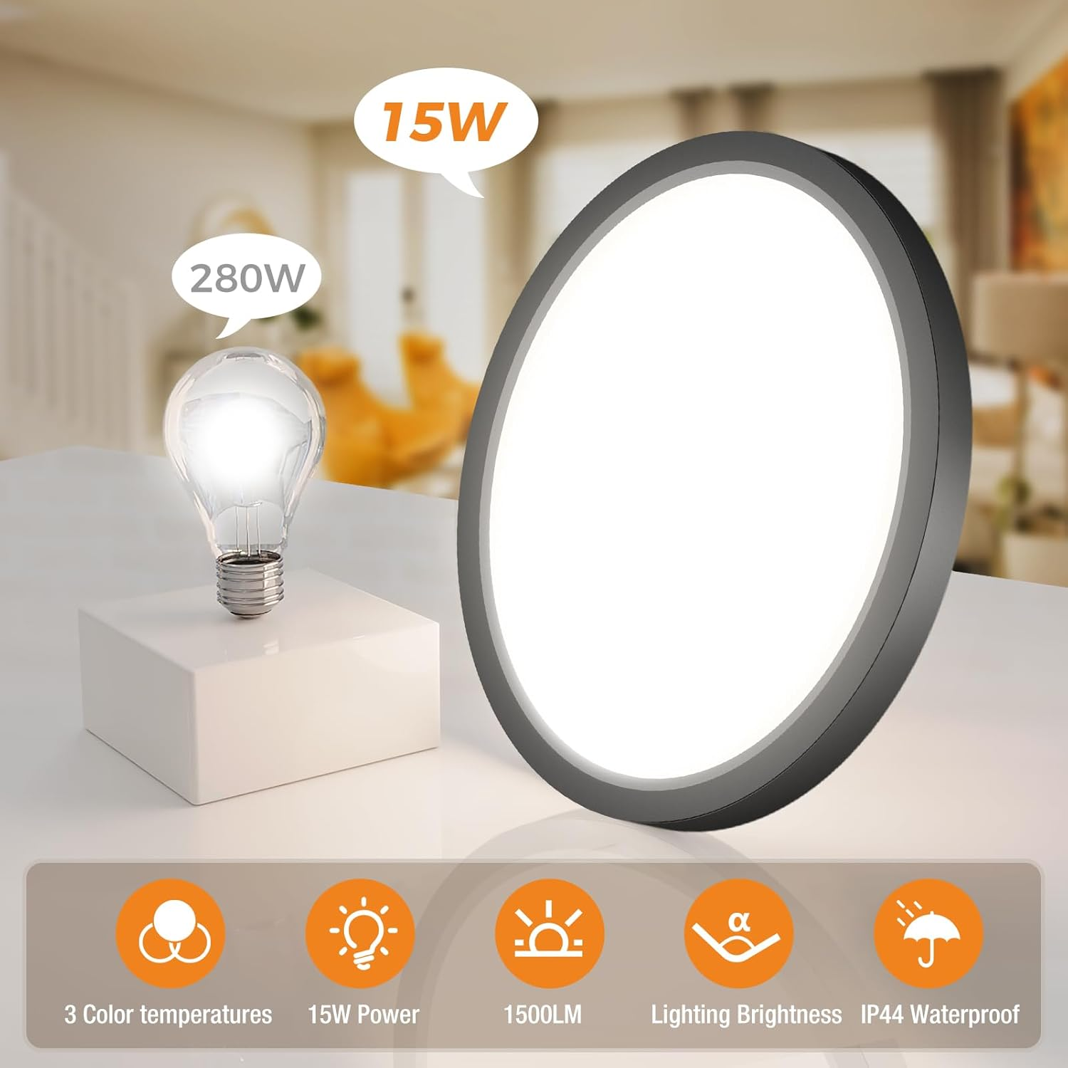 Slochi LED Ceiling Light, 3000K 4000K 6500K 3 Colours Ceiling Light, 15 W 1500 LM, Modern, Round, IP44 Waterproof Bathroom Ceiling Light for Kitchen, Bedroom, Hallway, Garage, Balcony, Black image number 5