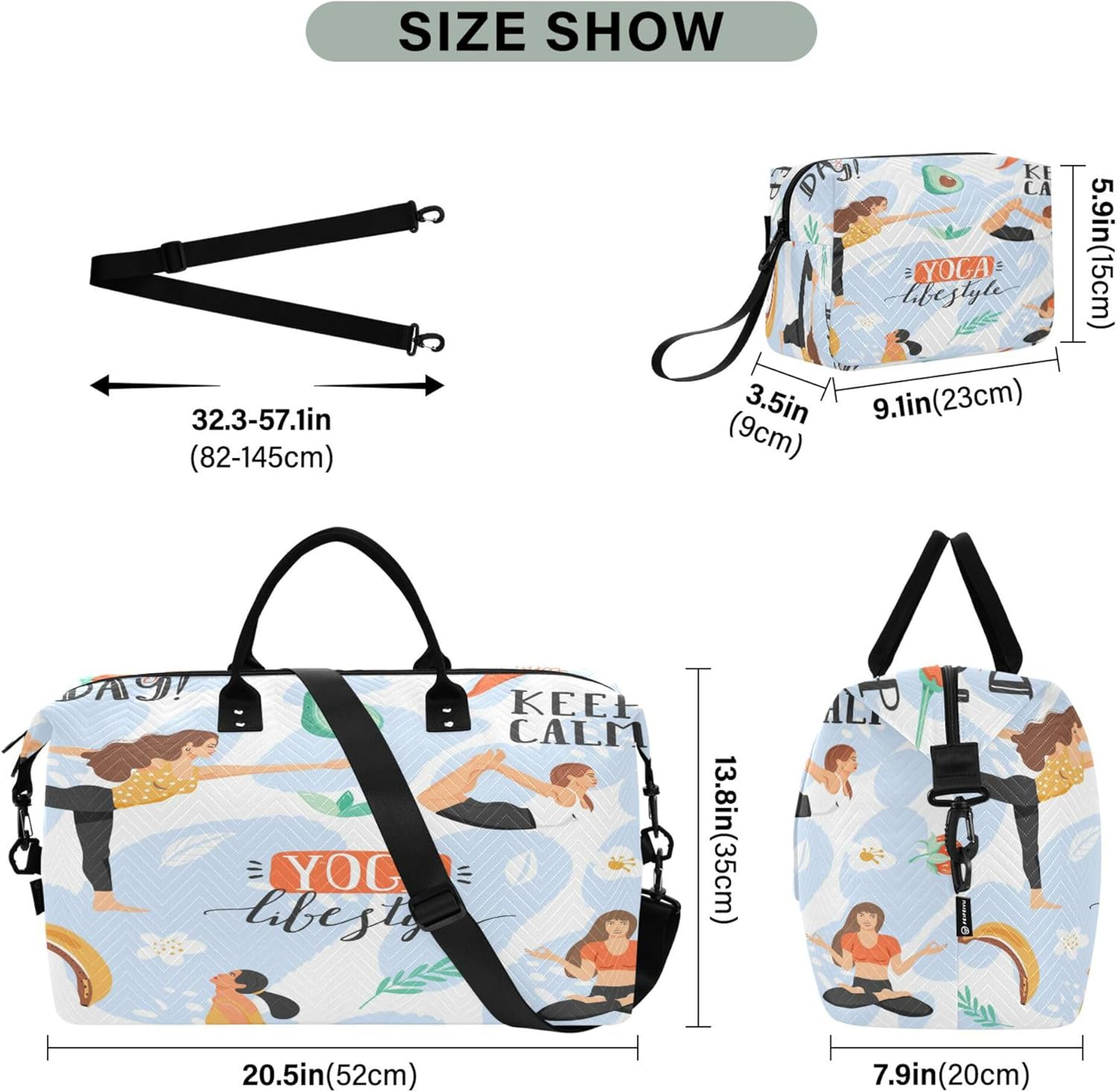 Travel Duffel Bag Gym Bag Large Carry on Airport Bag with Toiletry Bag for Trekking 2 Pcs Set Women in Various Yoga Poses, Multi, 1 Size, Modern/Fitted, Multi, 1 Size, Modern/Fitted image number 6