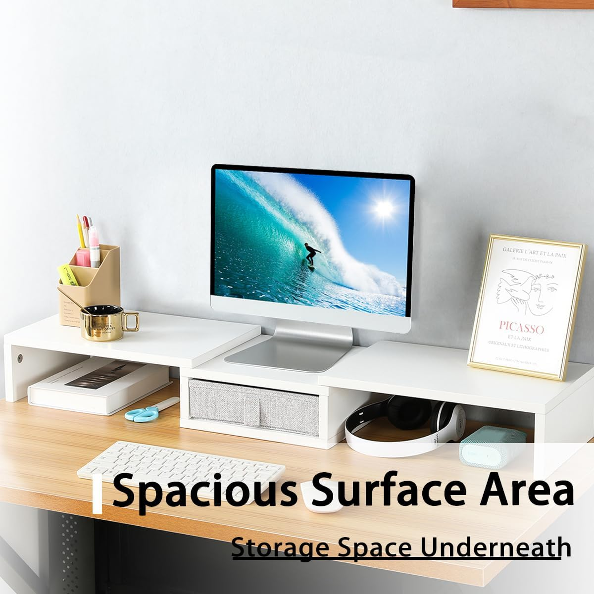 TEAMIX White Dual Monitor Stand Riser with Drawer - Length and Angle Adjustable Double Monitor Riser Corner Desk Shelf Organizer 37 Inch Long Monitor Riser for 2 Monitors/Laptop/Pc/Screen/Tv - White image number 6