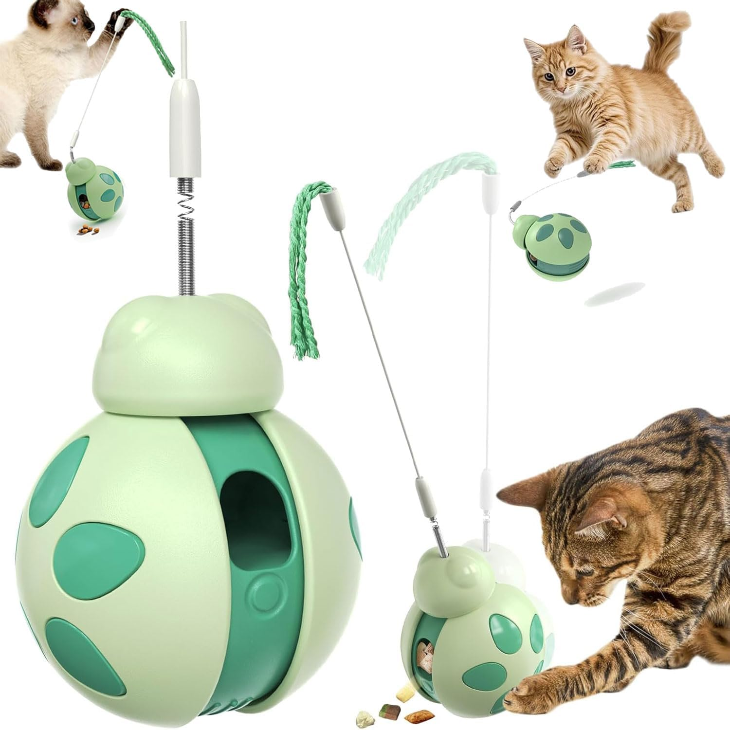 TKINRIC Interactive Cat Toy for Indoor Cats,Attractive Cat Treat Dispenser, Cat Puzzle Feeder, Tumbler Kitten Toys with Cat Wand,Cats Presents for Exercise/Boredom Relief(Green) image number 1