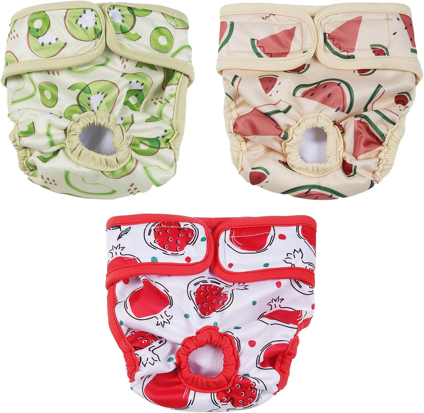 Larfraecy Washable Female Dog Nappies 3Pcs Super Absorbent Puppy Sanitary Wrap,Stylish Strawberry,Watermelon & Kiwi Prints,Comfortable and Adjustable,For Dogs in Heat,Postpartum Care,Travel