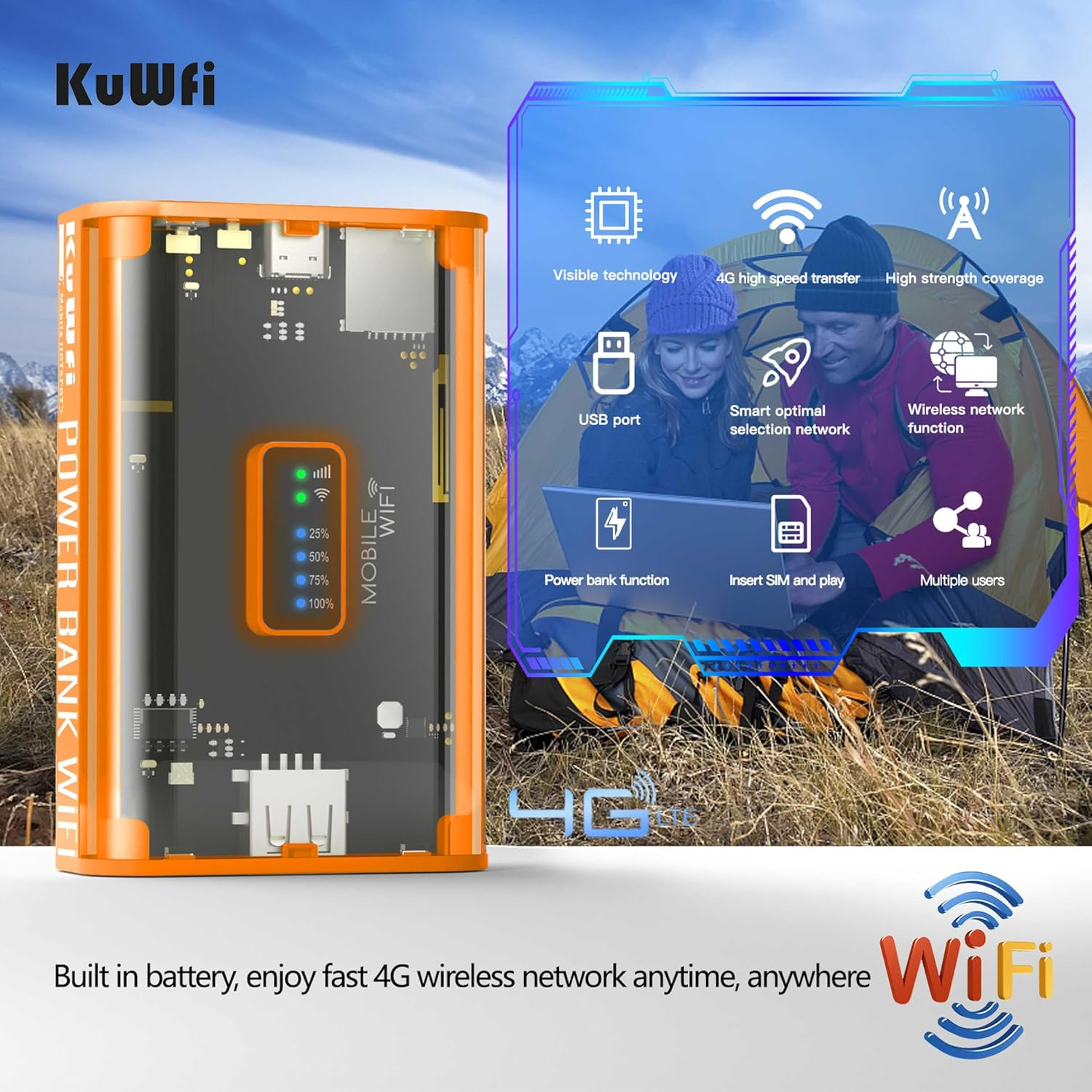 Kuwfi 4G LTE Mobile Router,Cat4 up To150Mbps Wifi Router Portable,Mc8 Router 4G LTE with 5200Mah Battery,Support 3G/4G SIM Card Unlocked,Hotspot Wifi Connect up to 10 User&hellip; image number 5